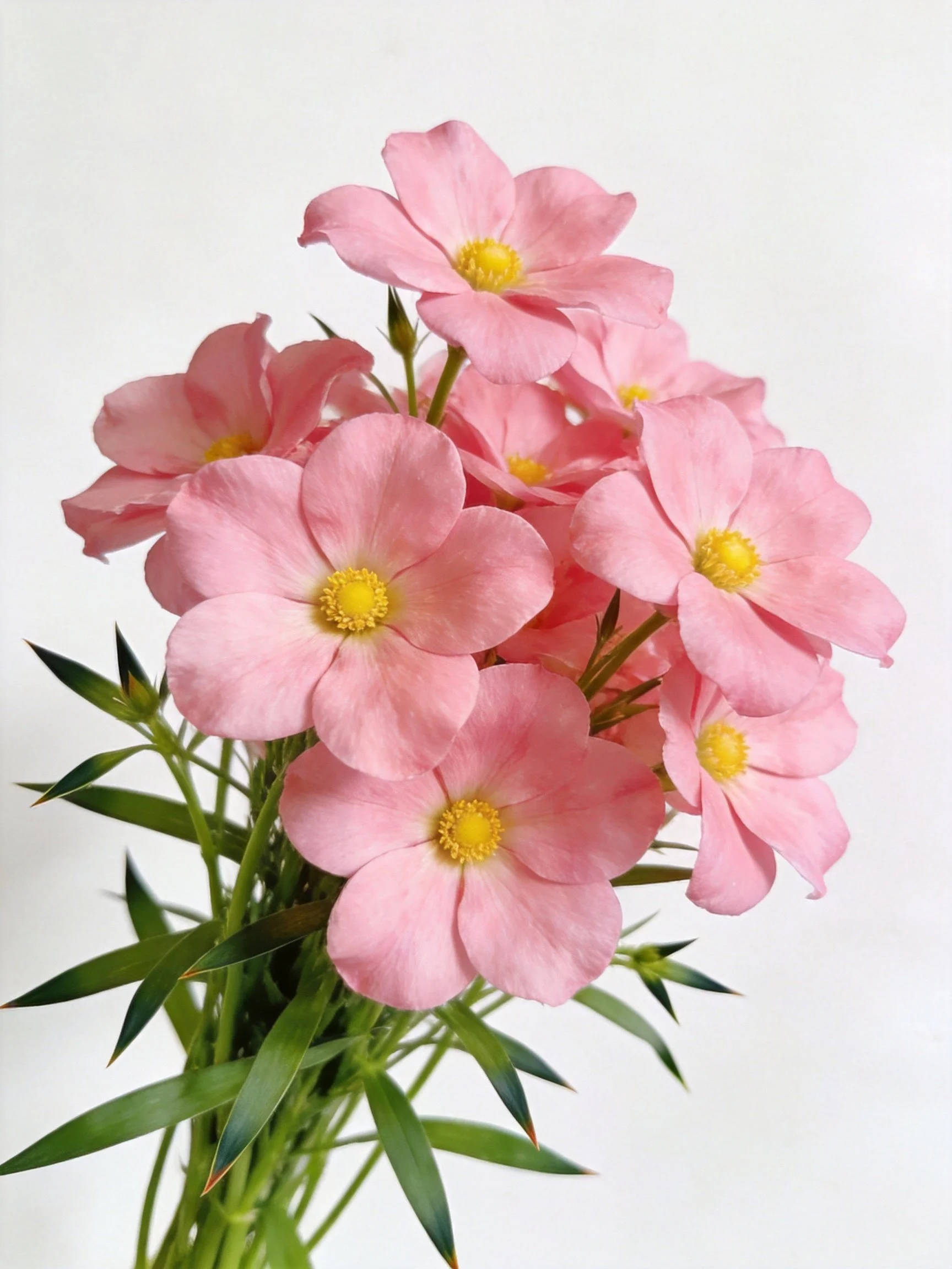 A bouquet of soft pink flowers with bright yellow centers and green stems