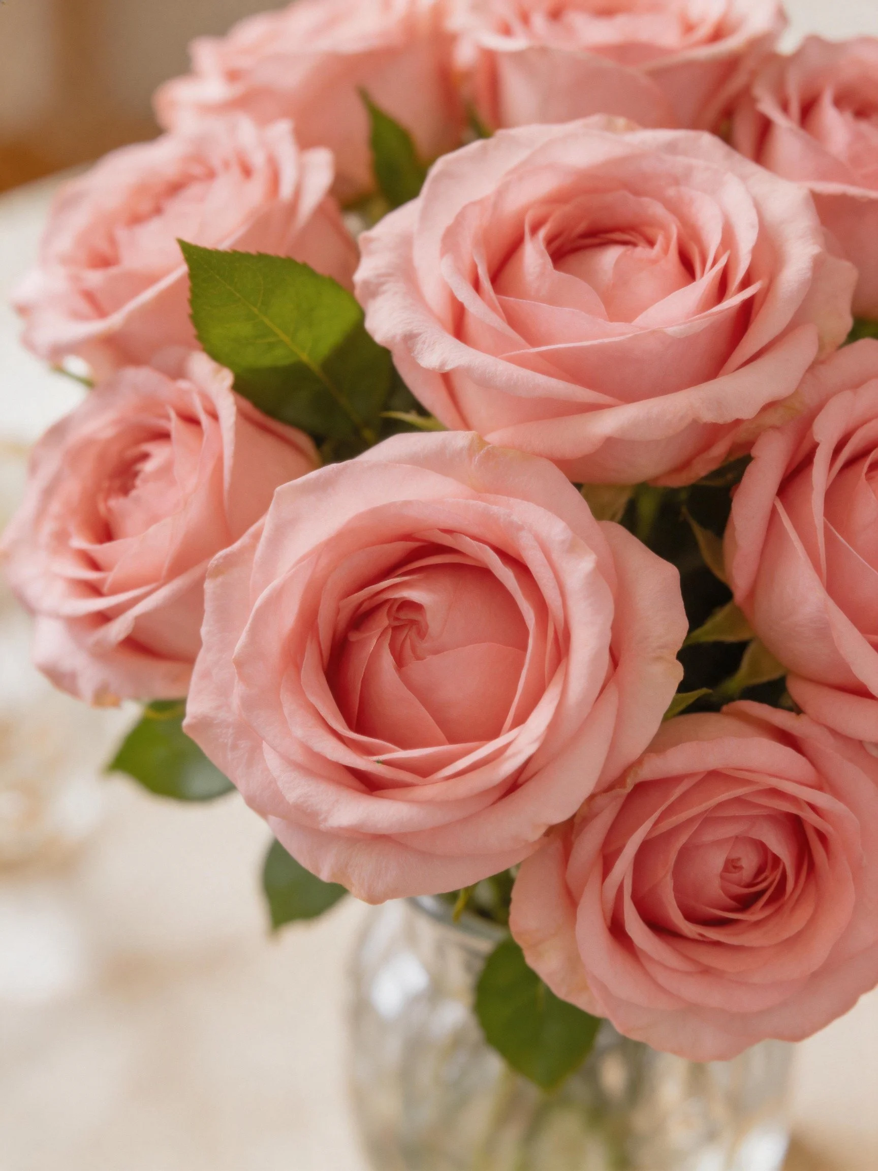 A bouquet of soft pink roses in a glass vase