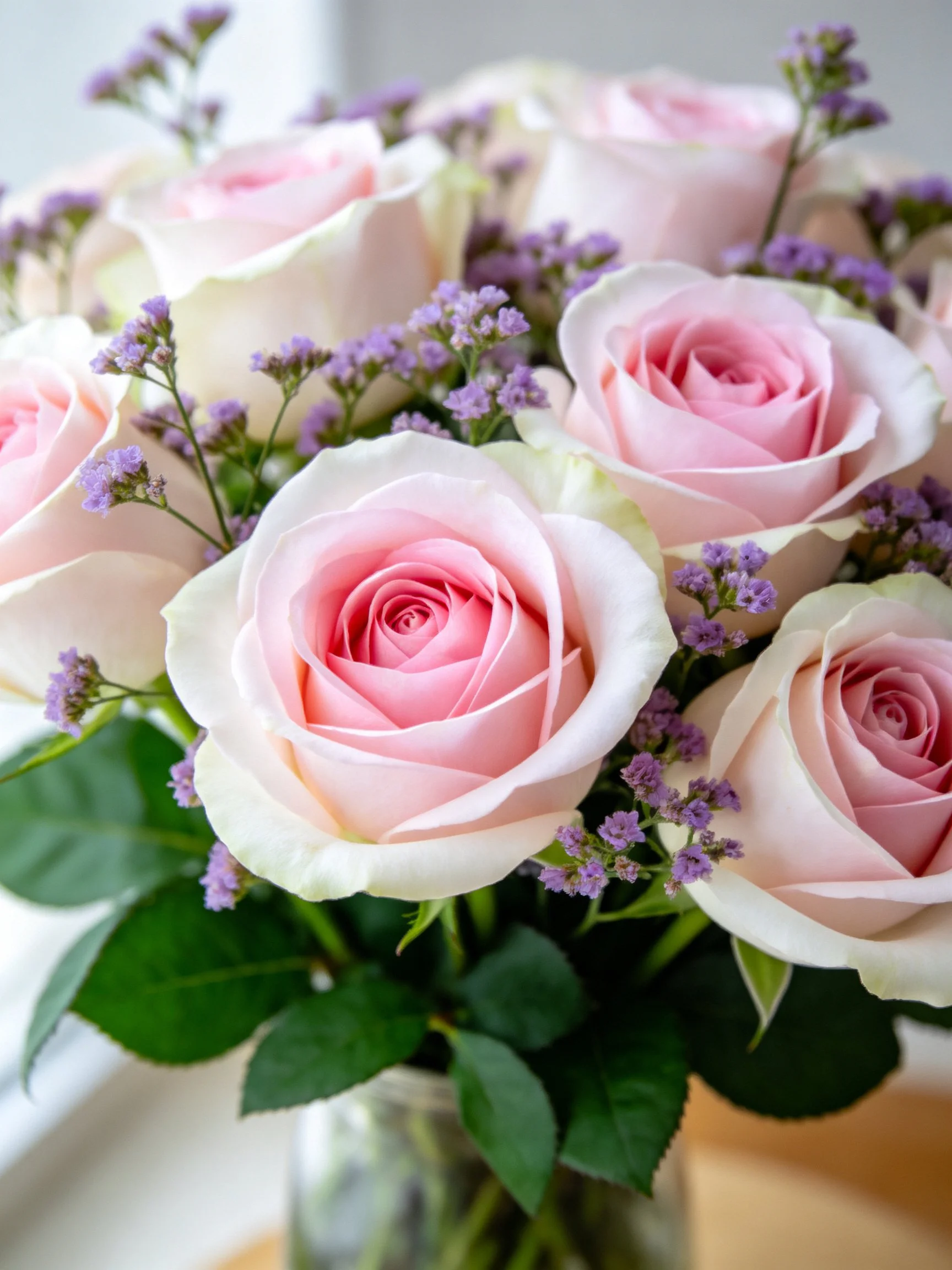A bouquet of soft pink roses with delicate purple flowers in a glass vase