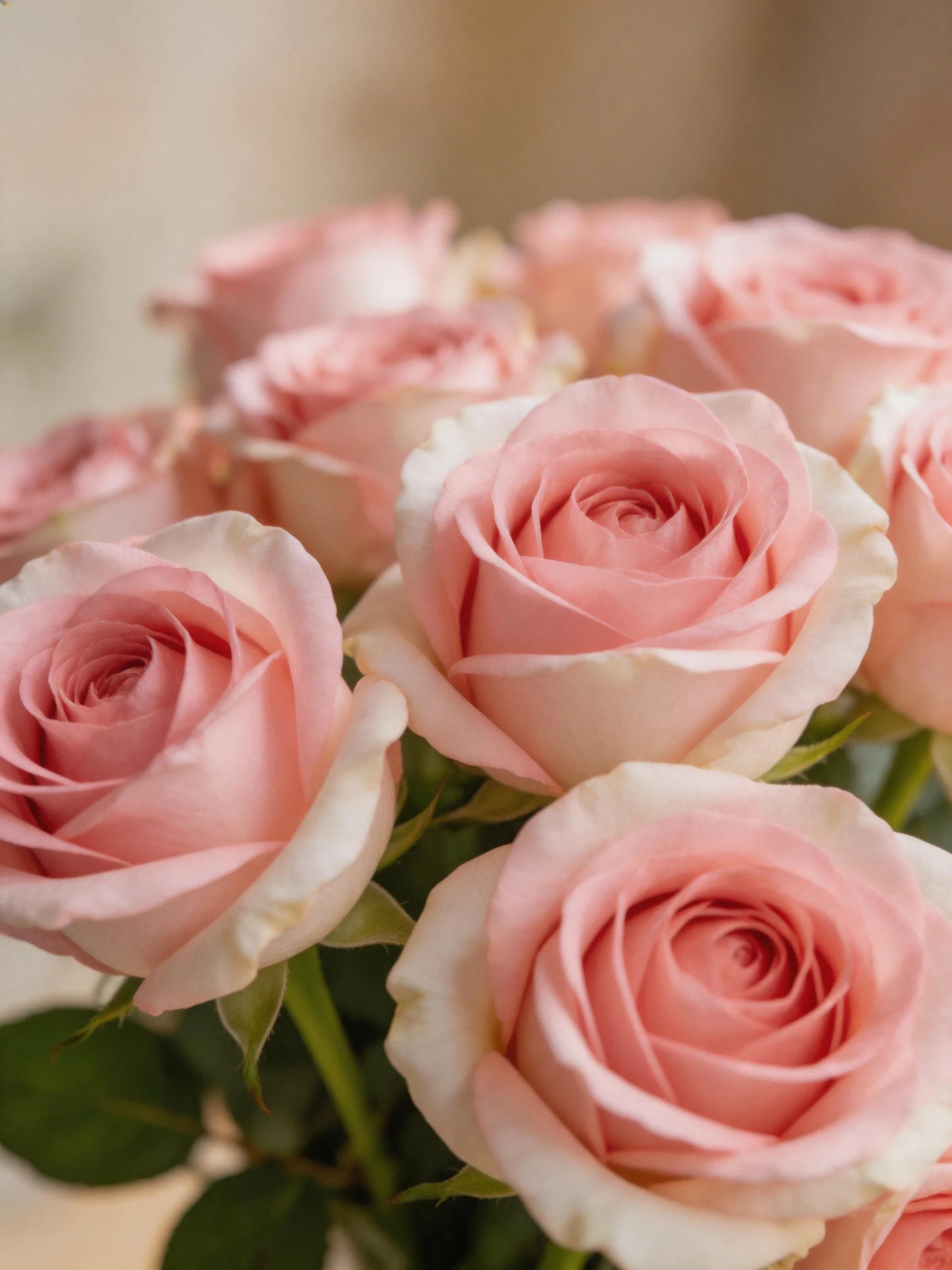A bouquet of soft pink roses with green leaves