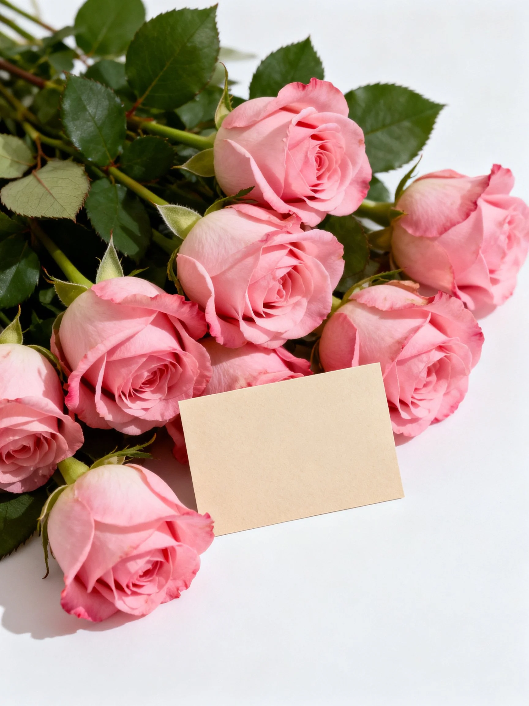 A bouquet of soft pink roses with green leaves and a beige card