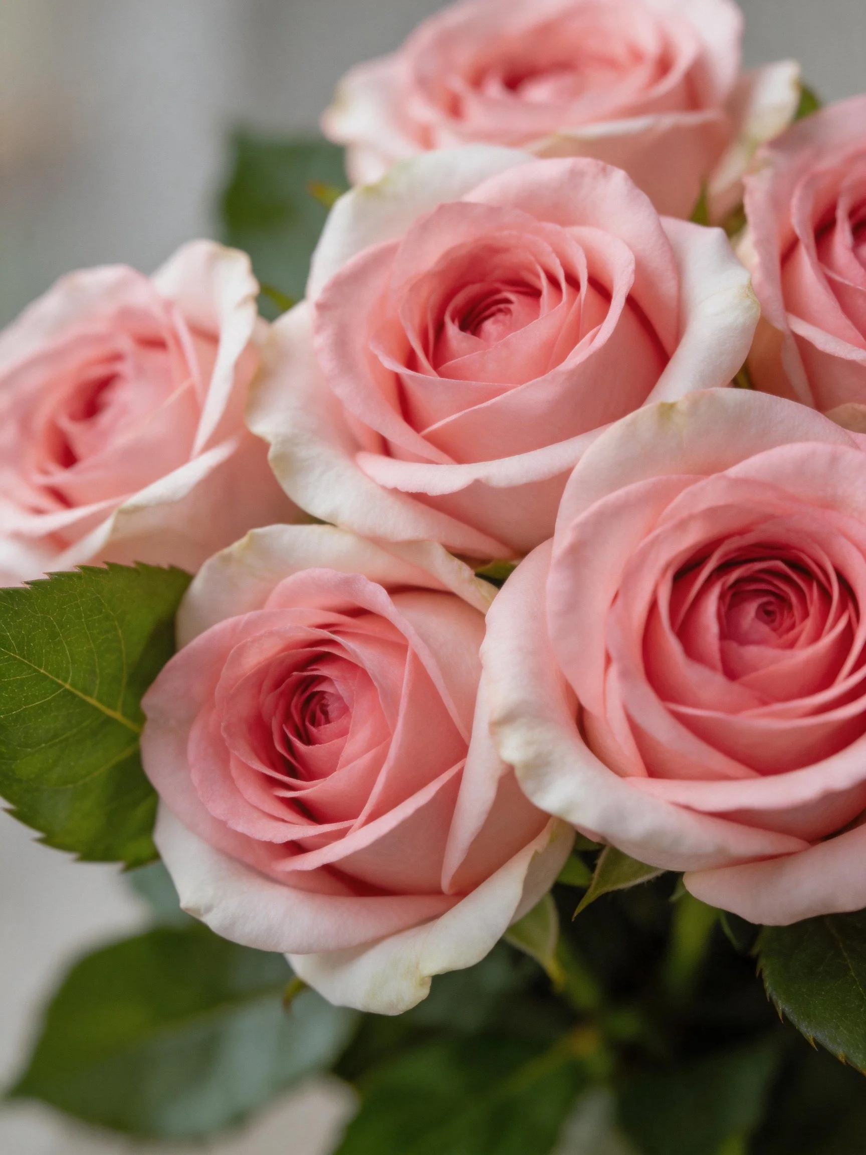 A bouquet of soft pink roses with lush green leaves
