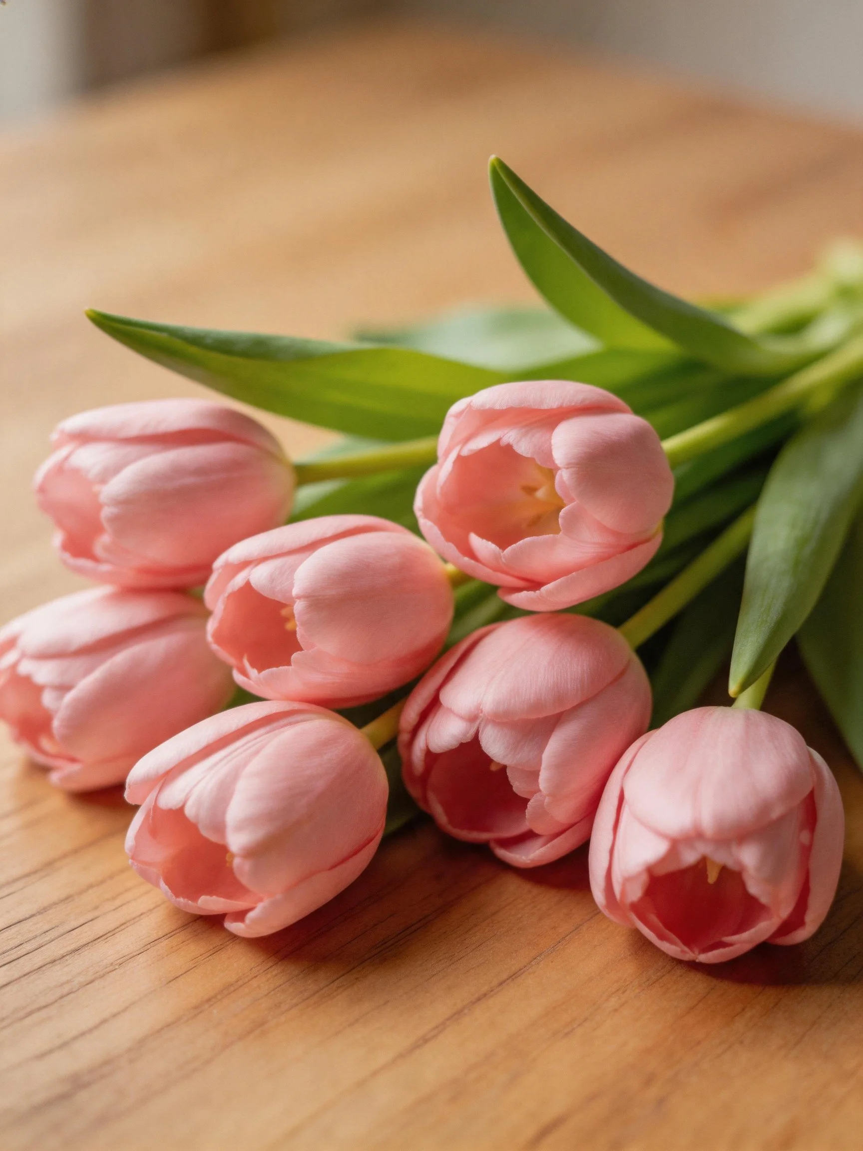 A bouquet of soft pink tulips arranged on a wooden surface