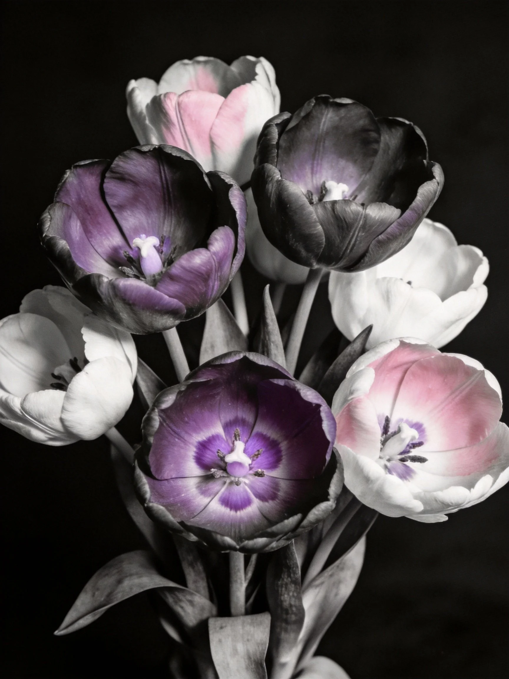 A bouquet of tulips with purple, pink, and monochrome hues