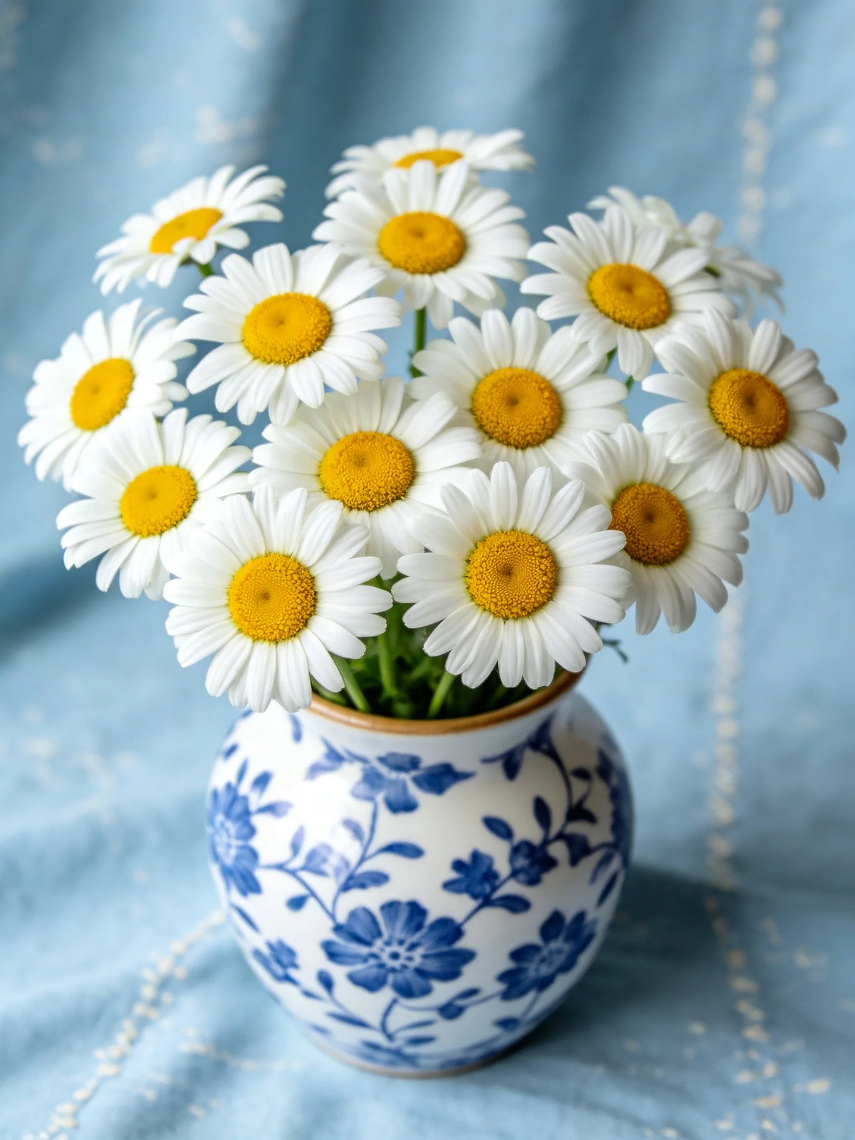 A bouquet of twelve daisies in a blue and white ceramic vase