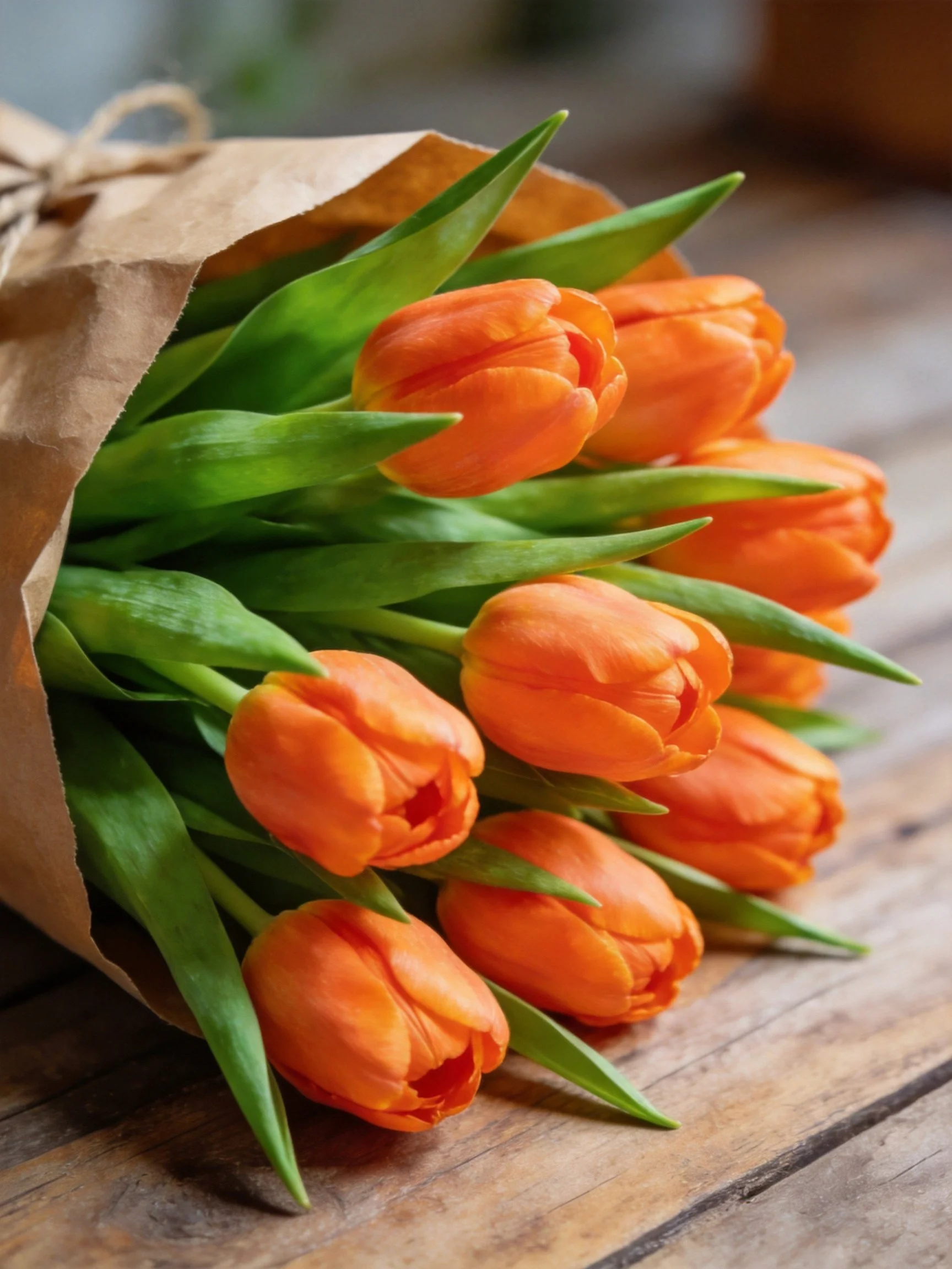 A bouquet of vibrant orange tulips wrapped in brown paper
