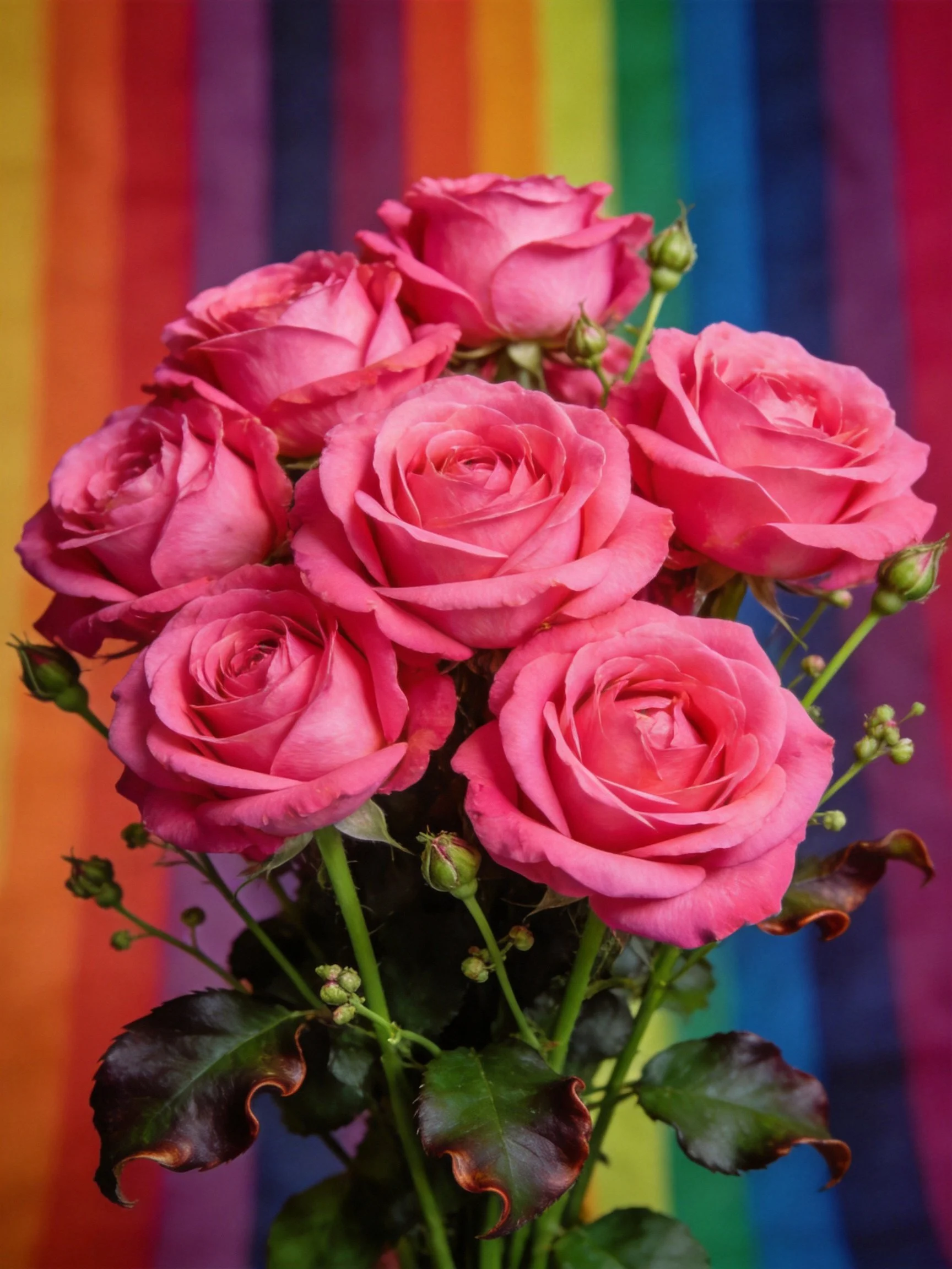 A bouquet of vibrant pink roses against a multicolored striped backdrop