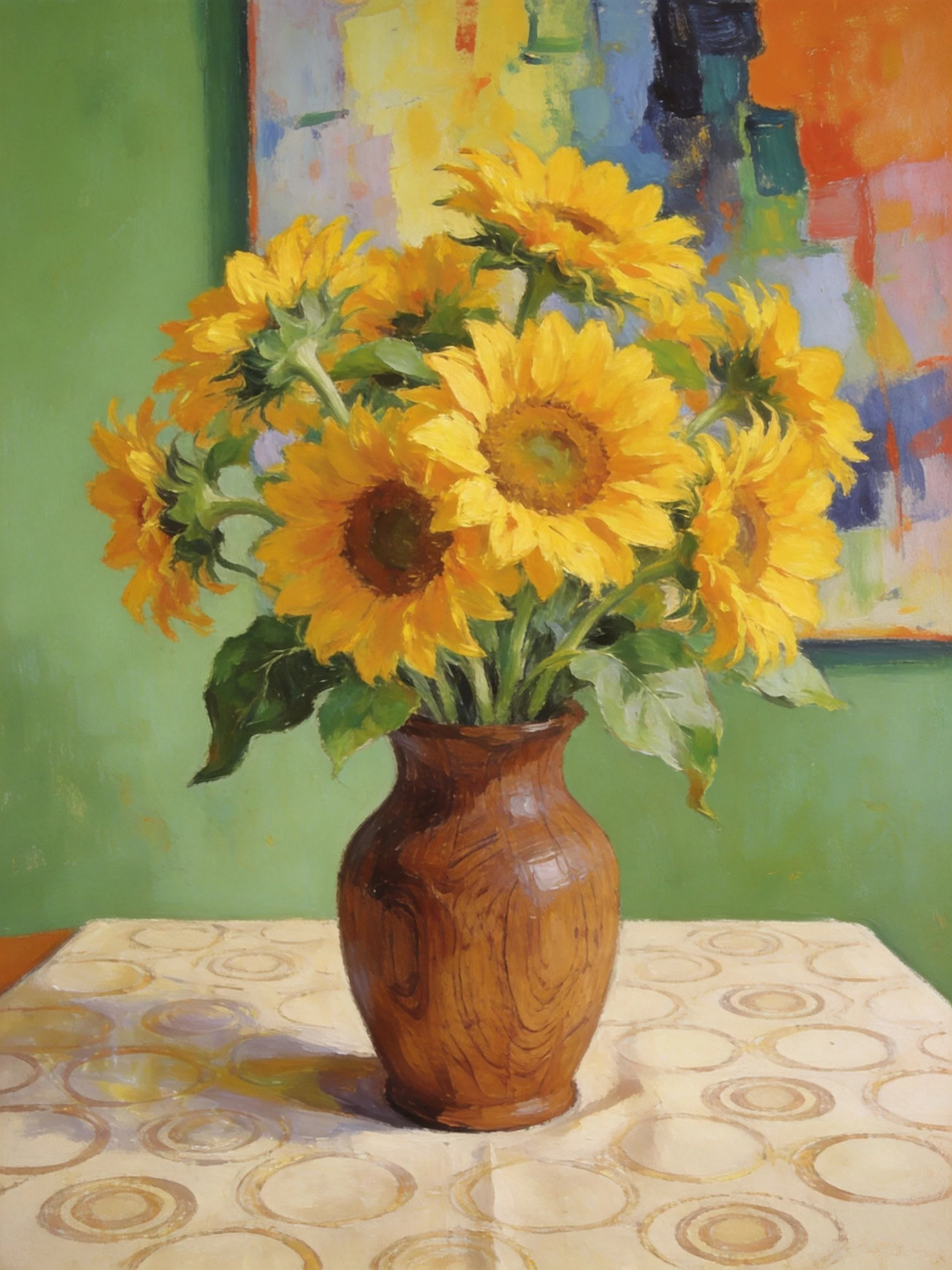 A bouquet of vibrant sunflowers in a wooden vase on a patterned table