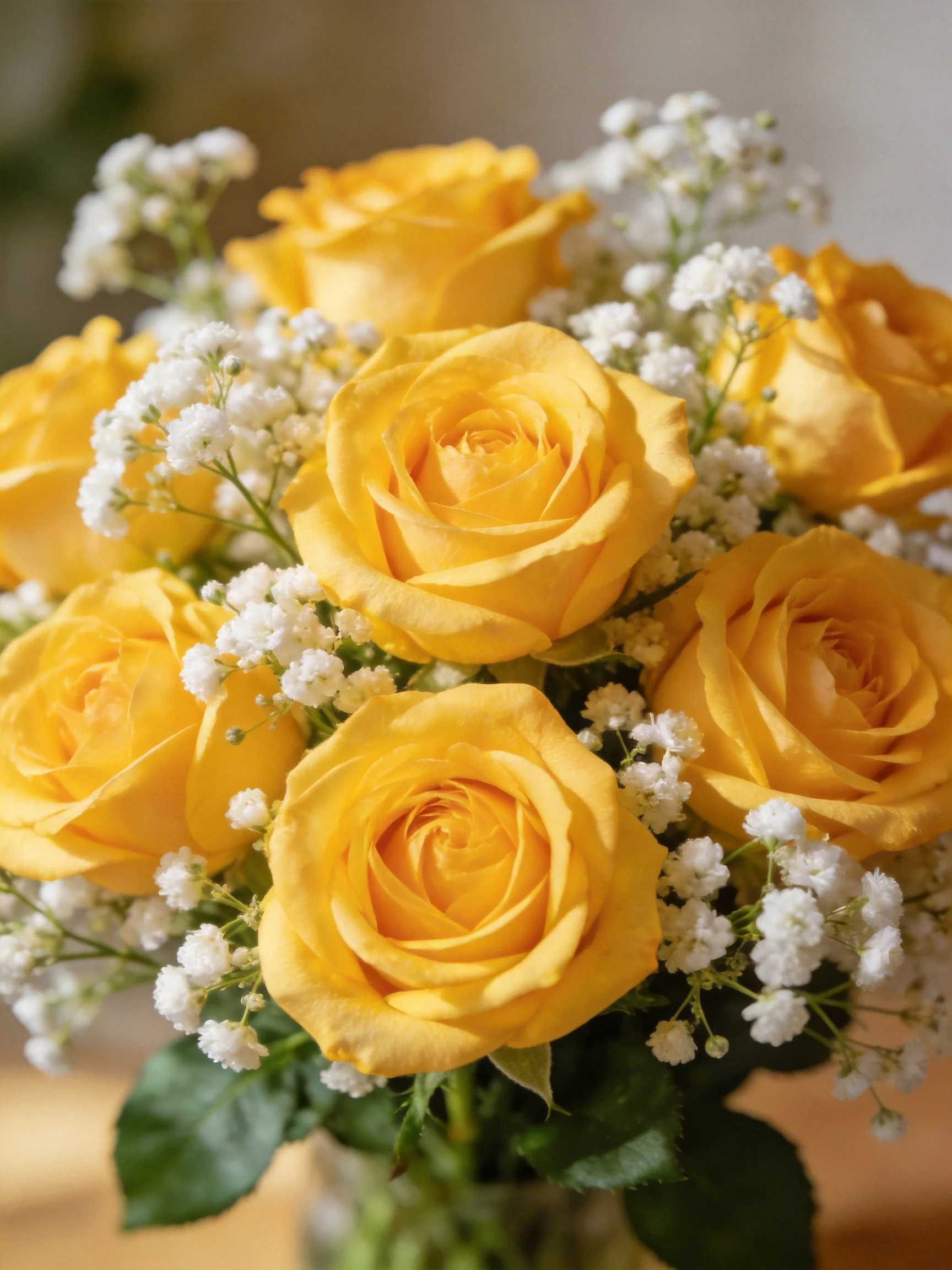 A bouquet of vibrant yellow roses with delicate white baby’s breath flowers