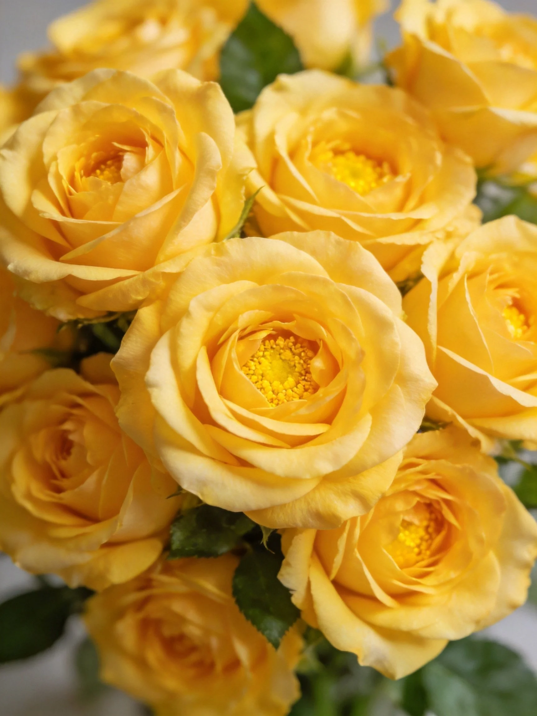 A bouquet of vibrant yellow roses with lush green foliage