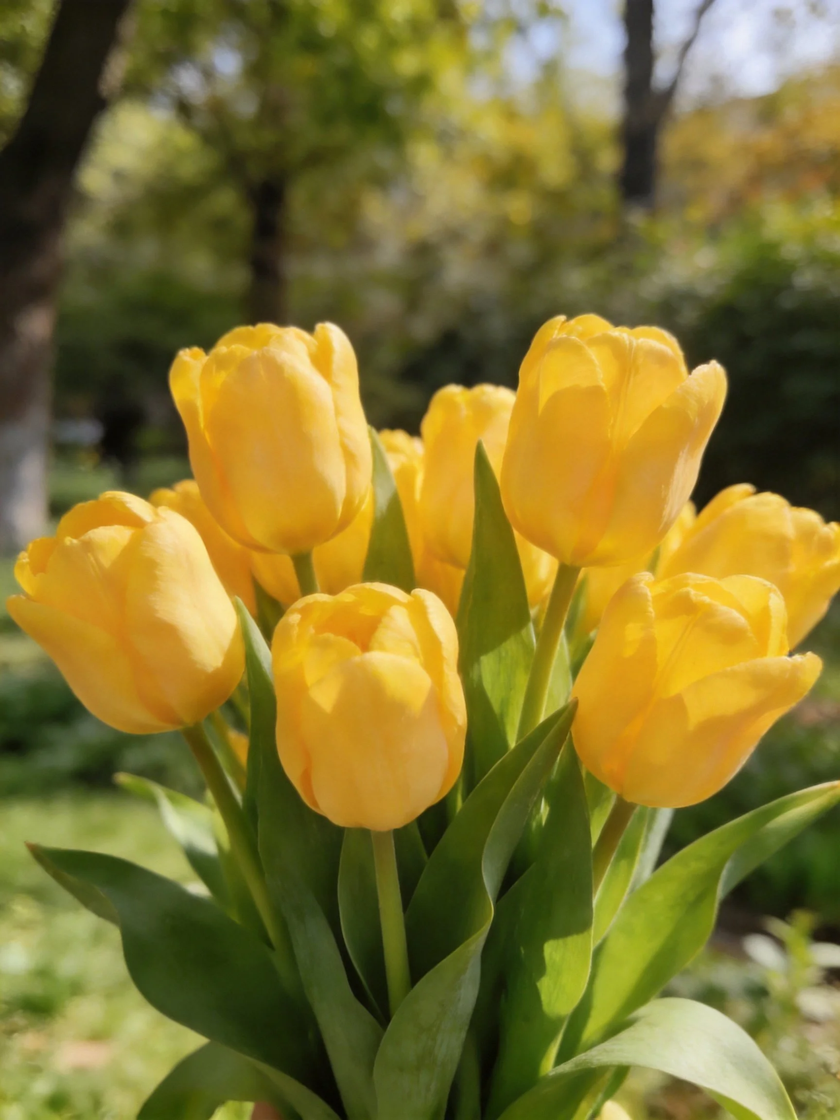 A bouquet of vibrant yellow tulips with lush green foliage outdoors