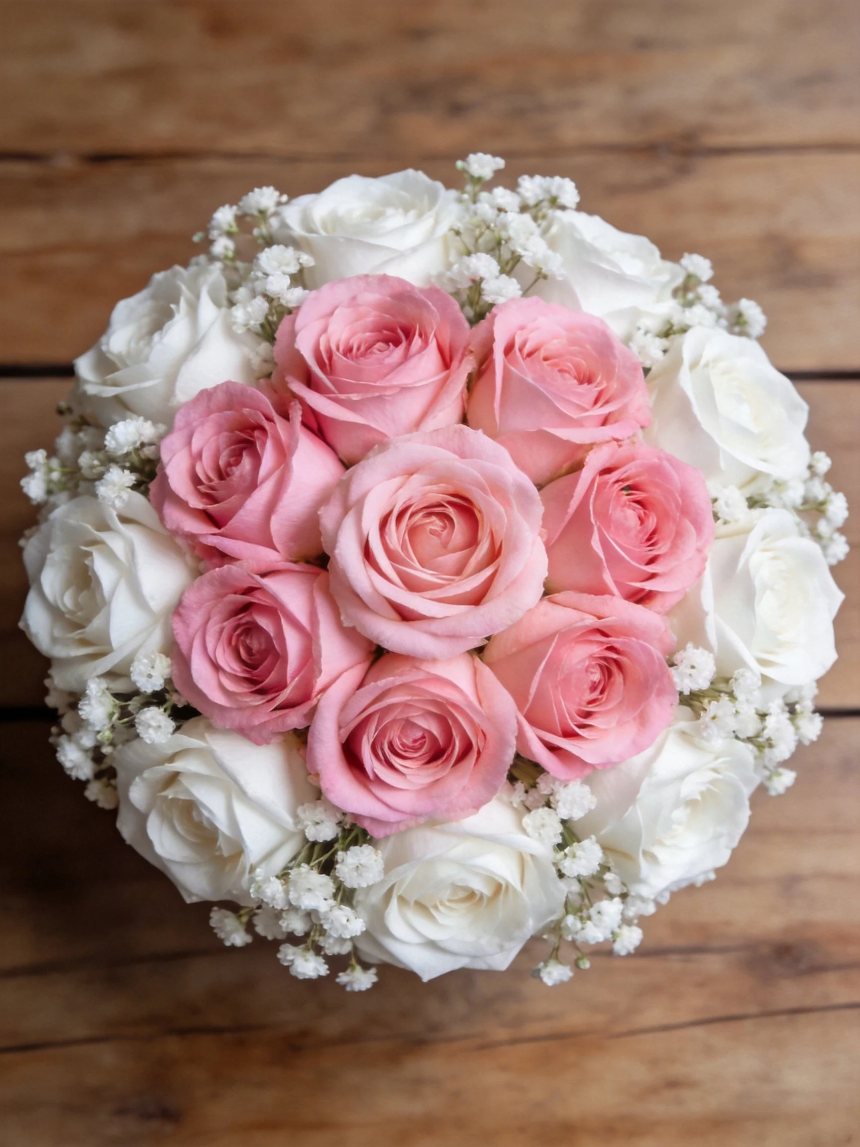 A bouquet of white and pink roses with baby’s breath on wooden planks