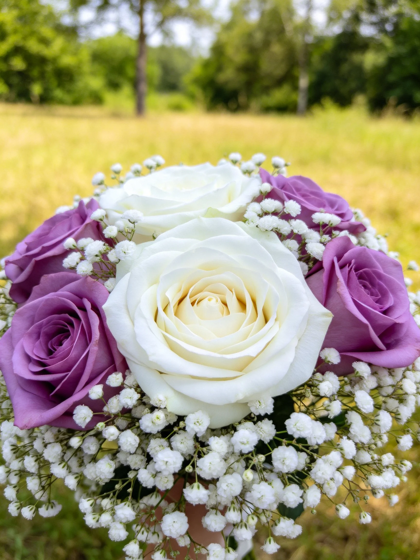A bouquet of white and purple roses with baby’s breath, outdoors