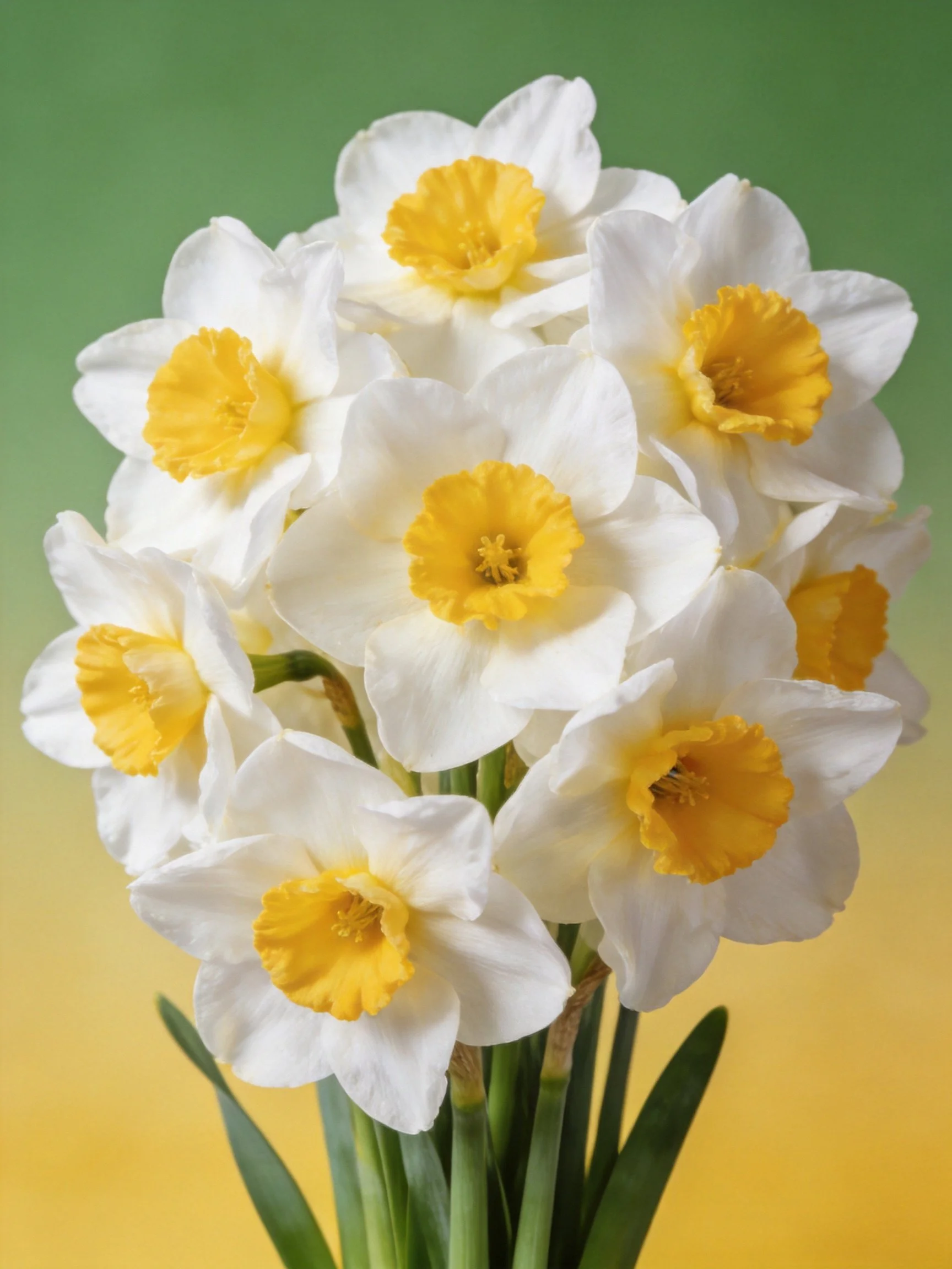 A bouquet of white and yellow daffodils against a gradient green-yellow backdrop