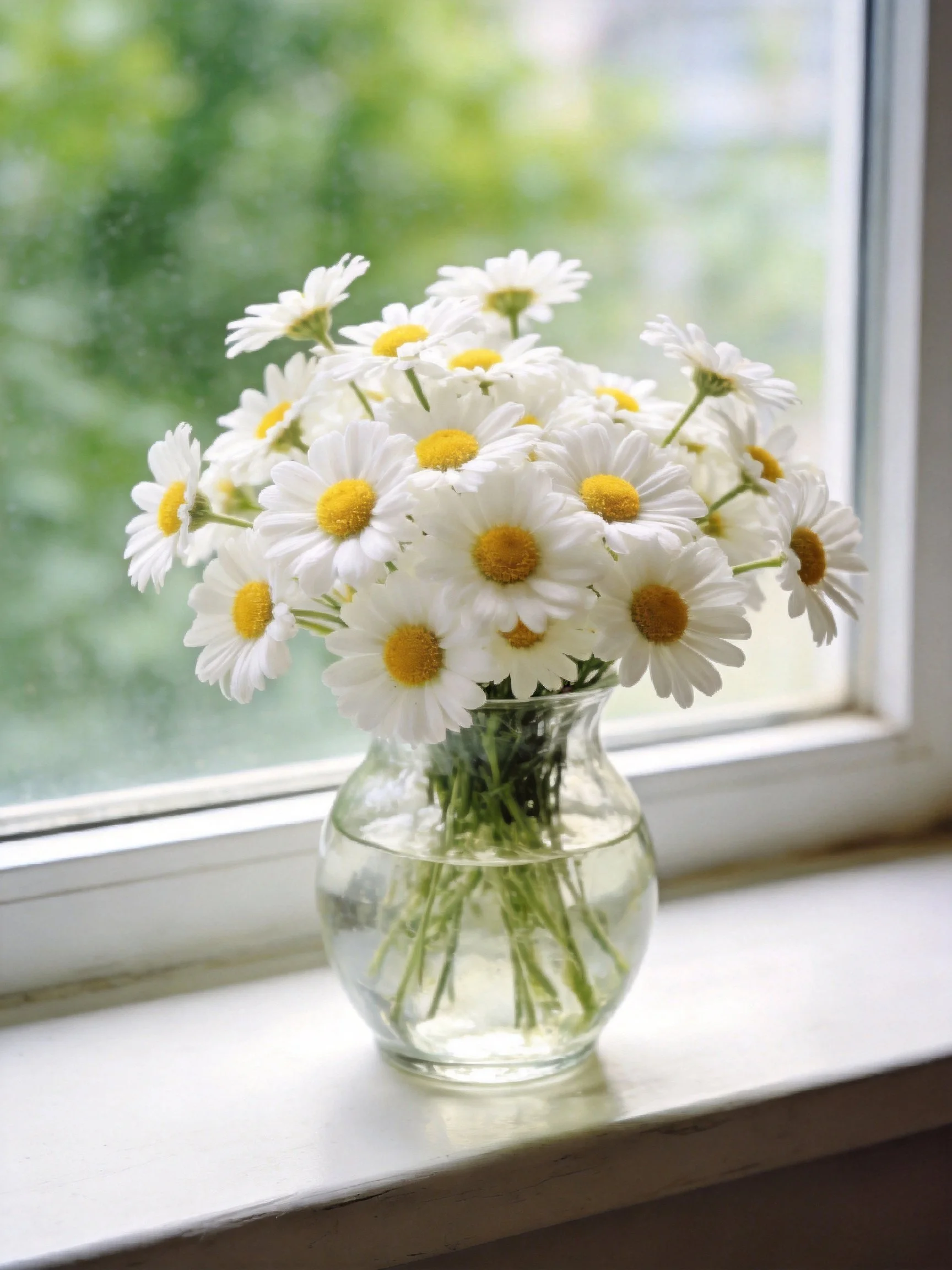 A bouquet of white daisies in a glass vase near a window