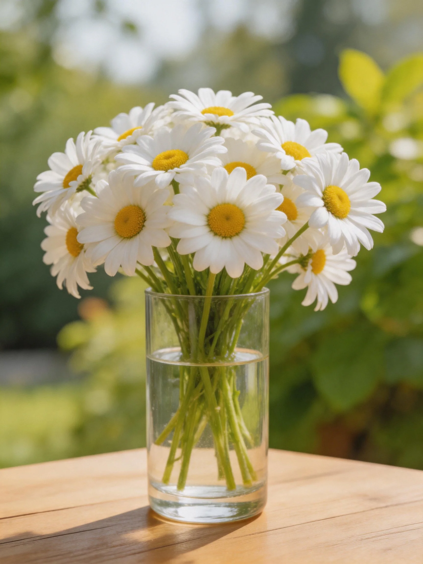 A bouquet of white daisies with yellow centers in a clear glass vase