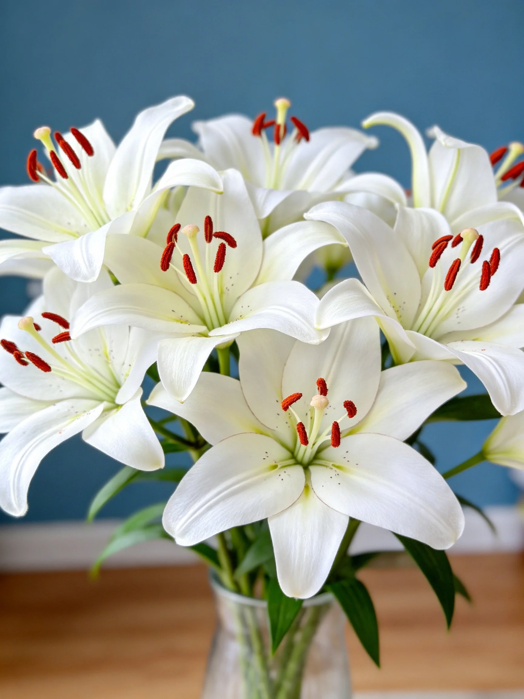 A bouquet of white lilies with red stamens in a glass vase