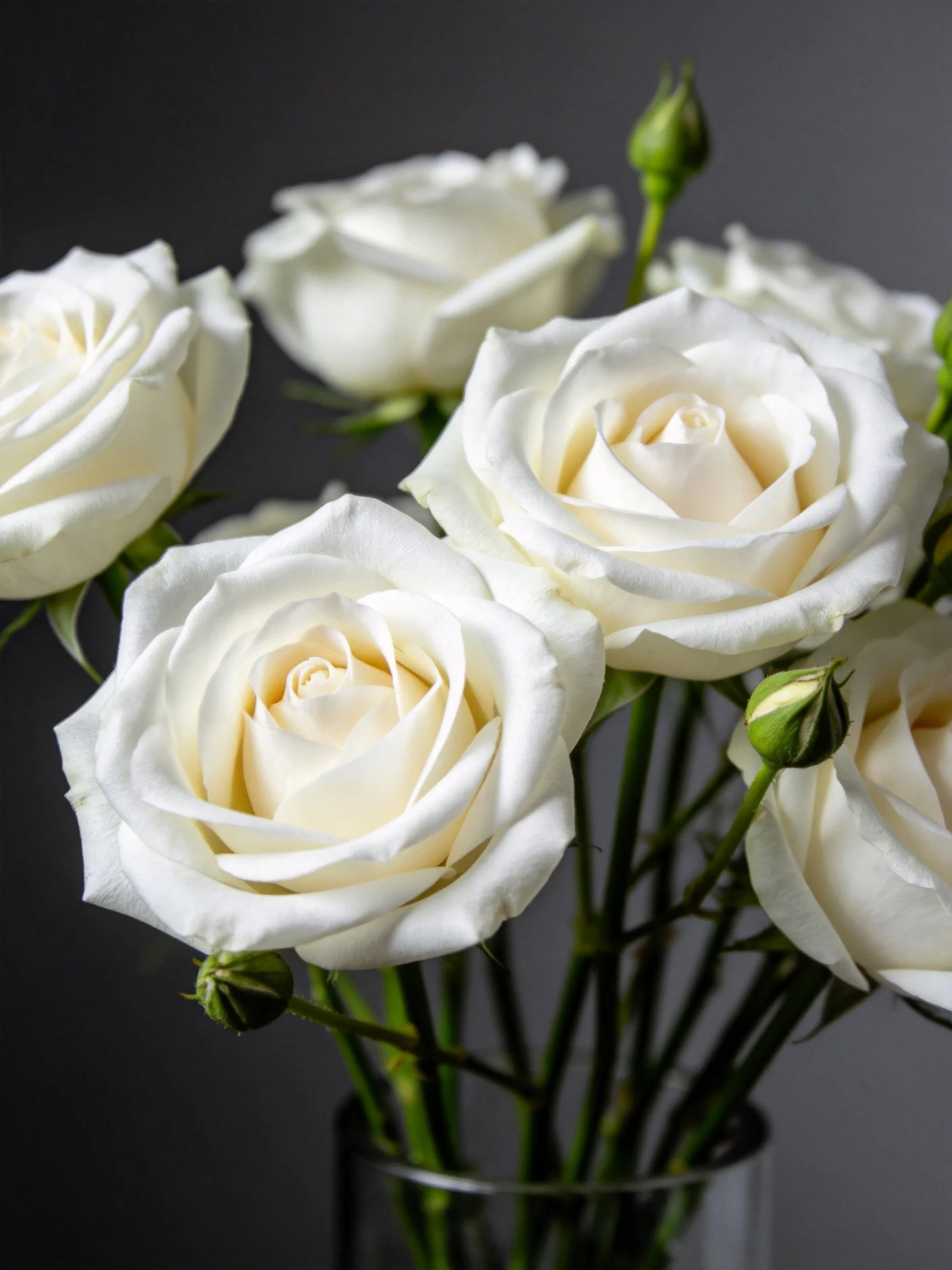 A bouquet of white roses with green buds in a glass vase