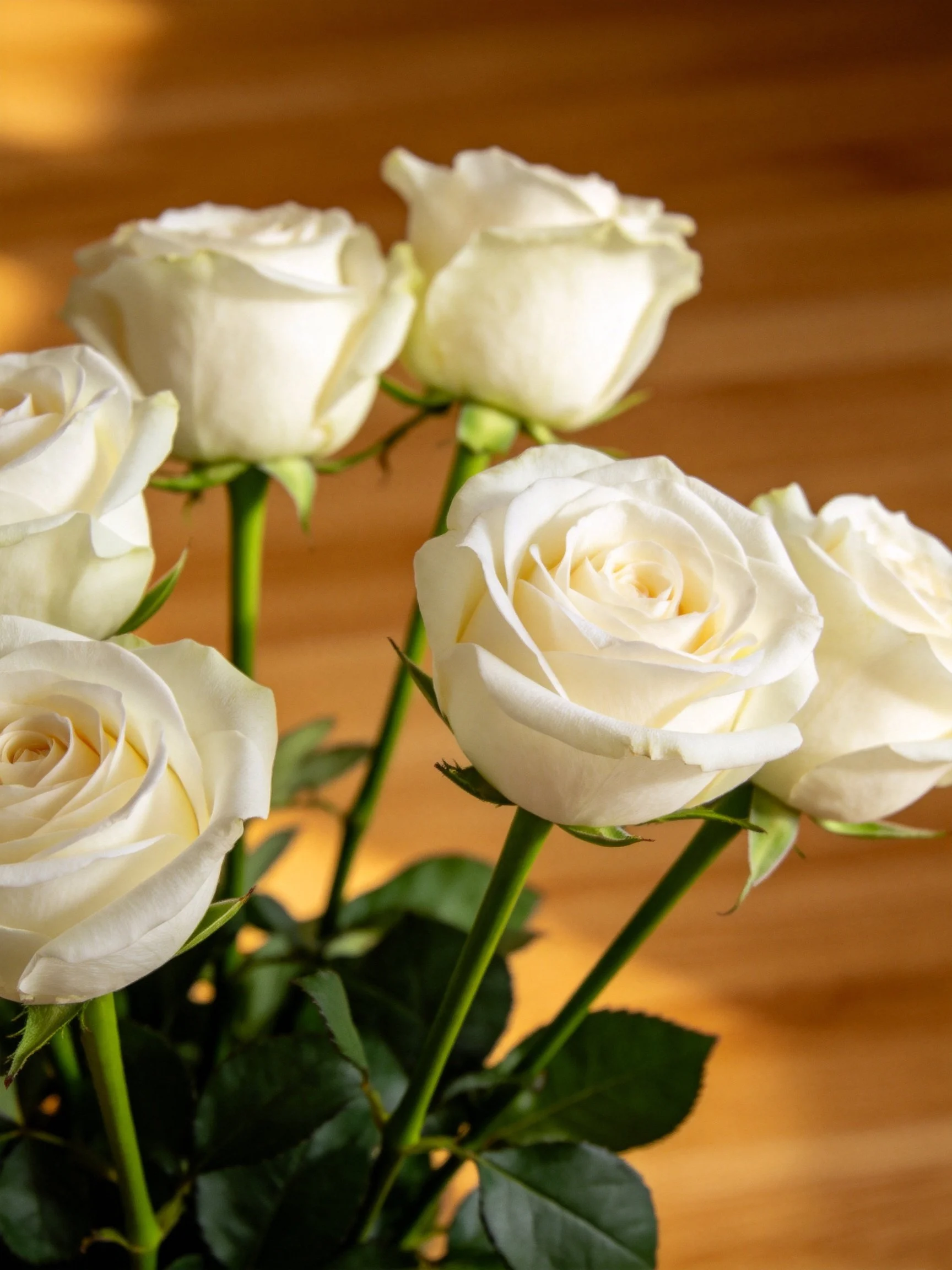 A bouquet of white roses with green stems and leaves