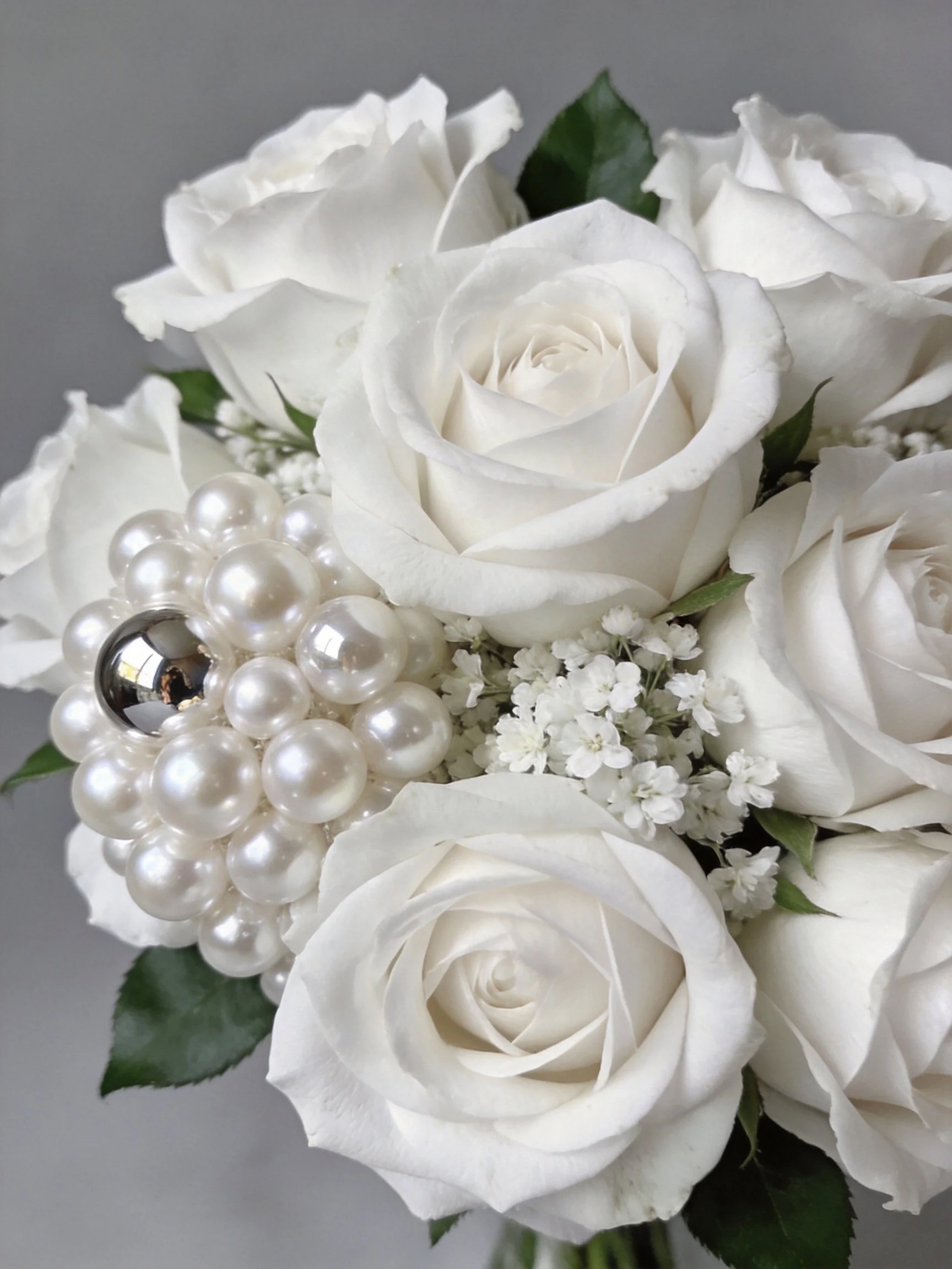 A bouquet of white roses with pearl cluster and baby’s breath