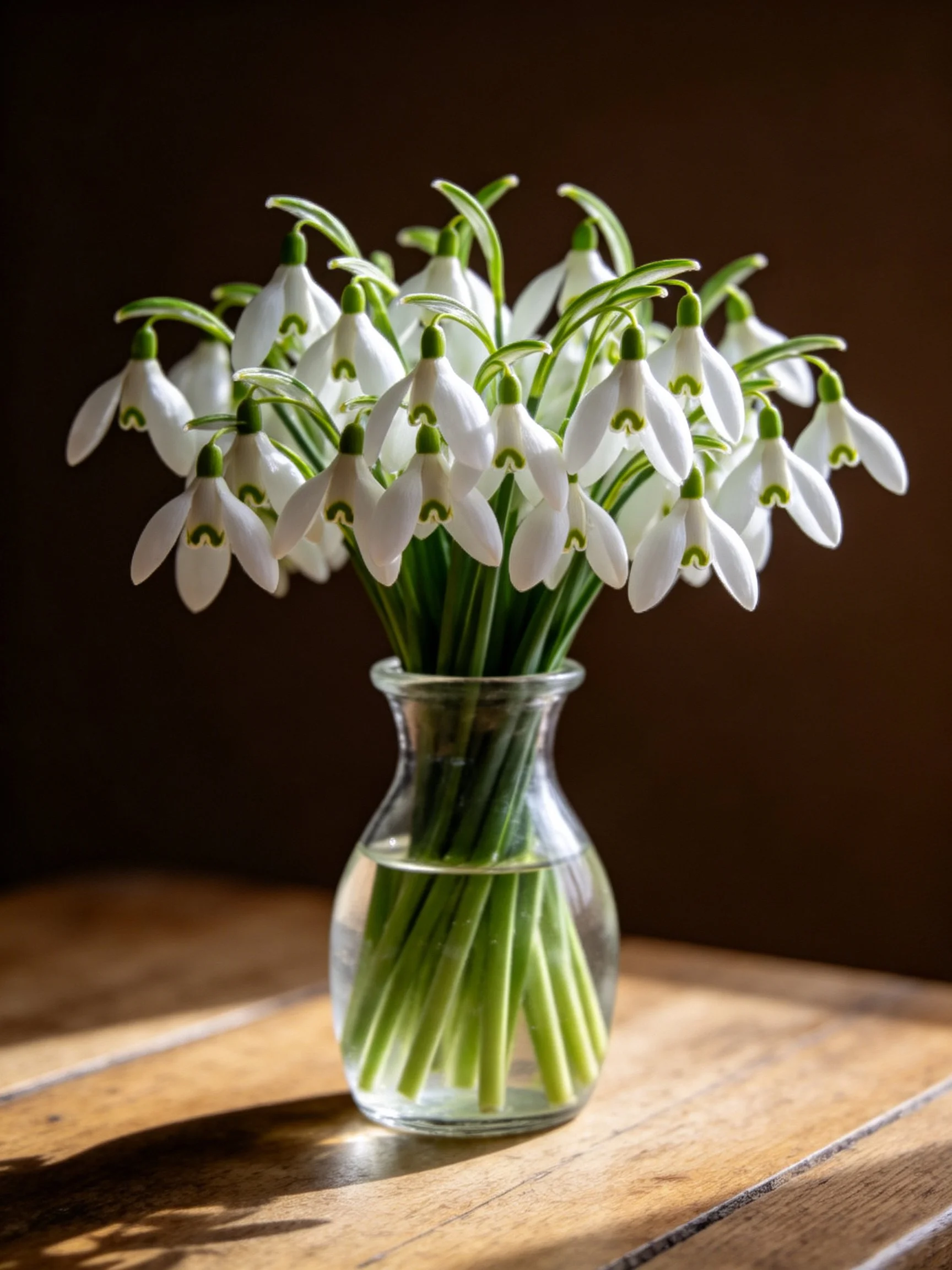 A bouquet of white snowdrop flowers in a clear glass vase