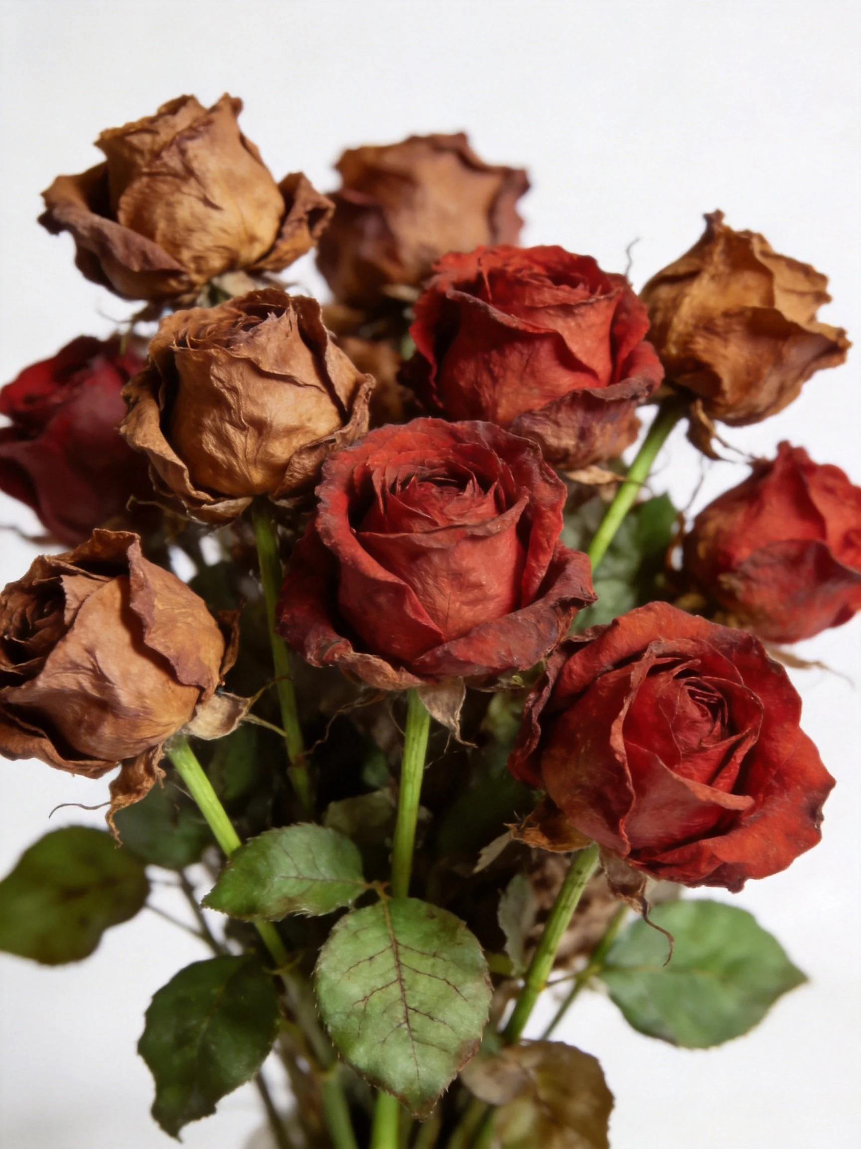 A bouquet of wilted red and brown roses with green stems