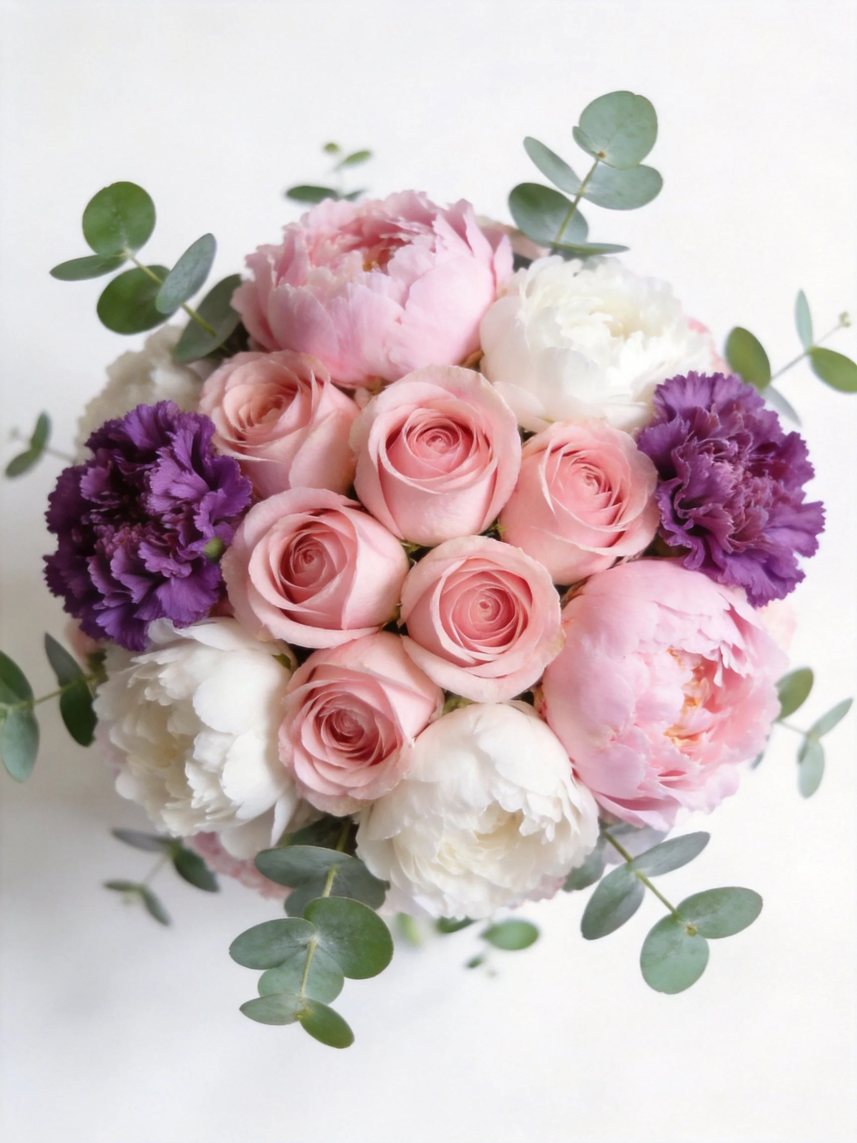 A bouquet with pink roses, white peonies, purple carnations, and eucalyptus leaves