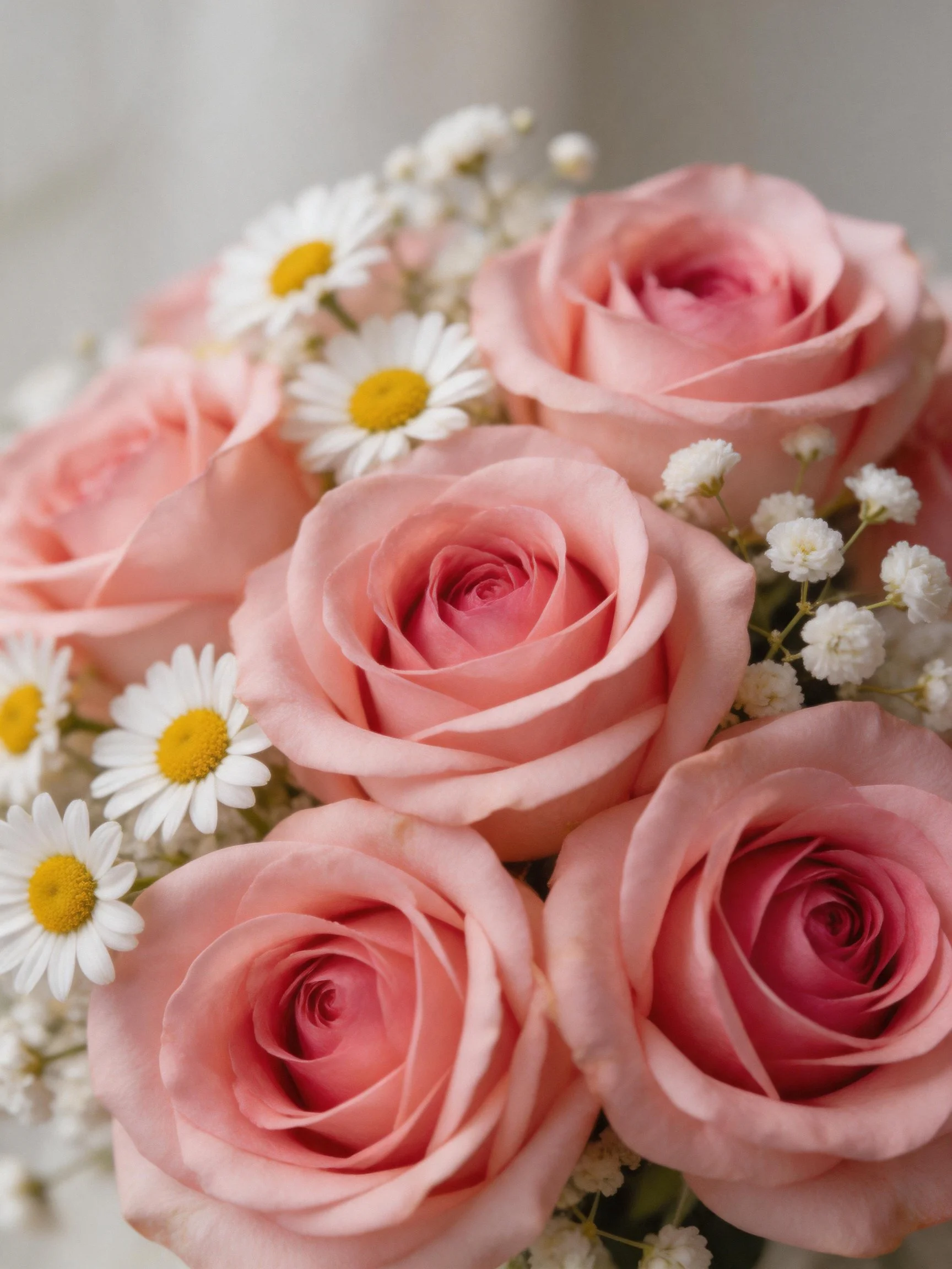 A bouquet with six pink roses, white daisies, and baby’s breath flowers