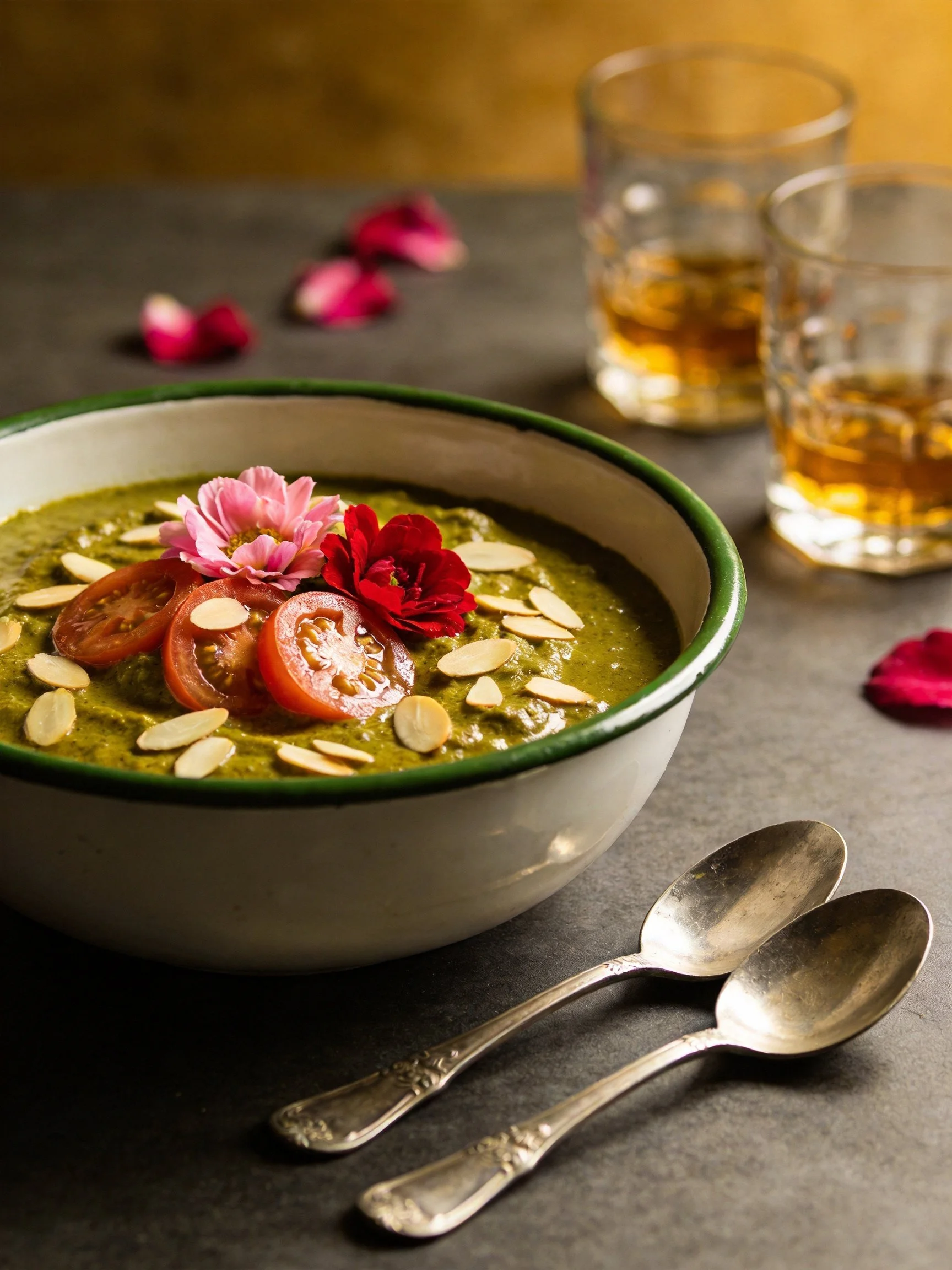 A bowl of green soup garnished with tomatoes, almonds, and flowers