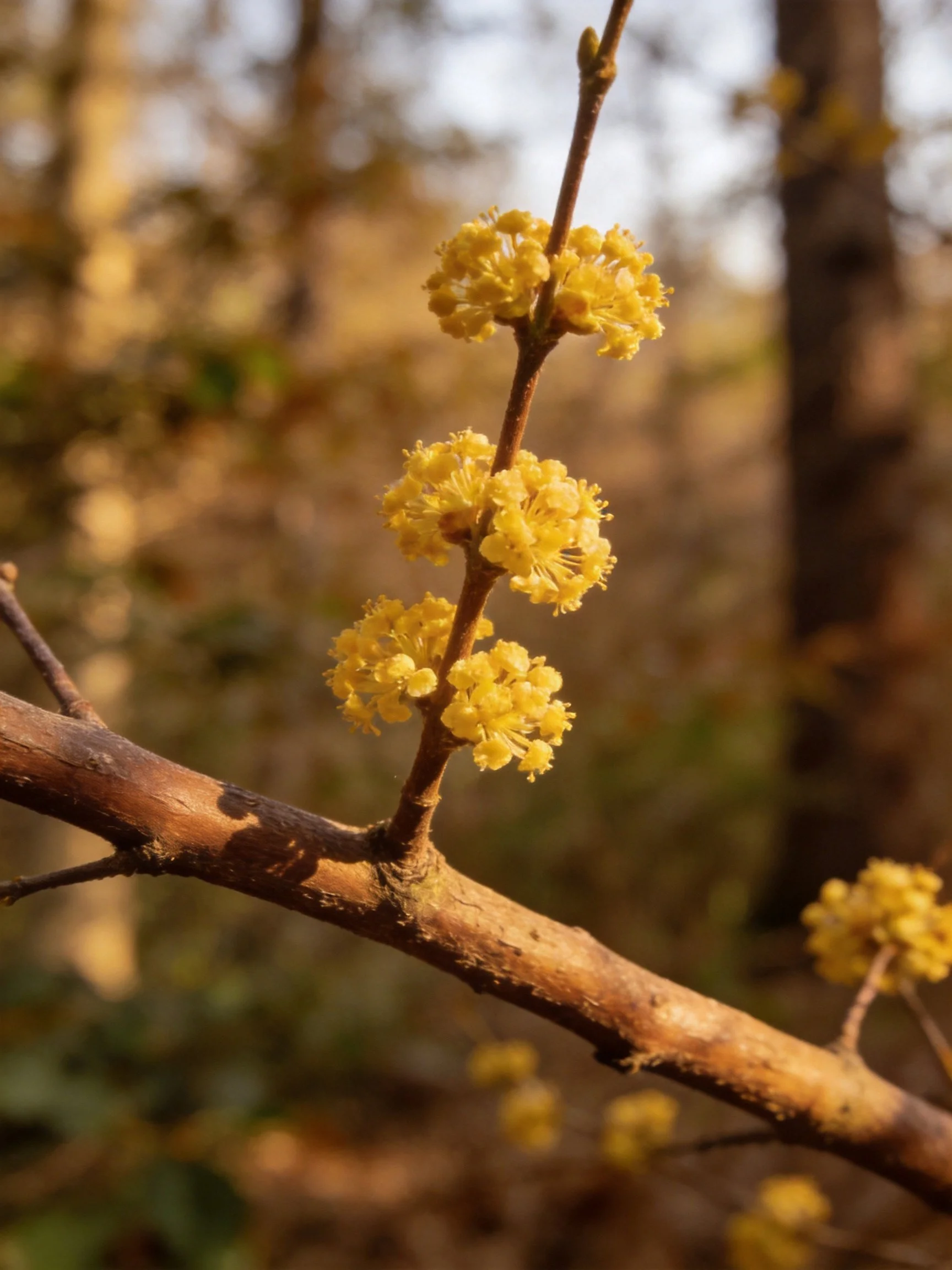 A branch bearing clusters of small yellow flowers in a sunlit forest
