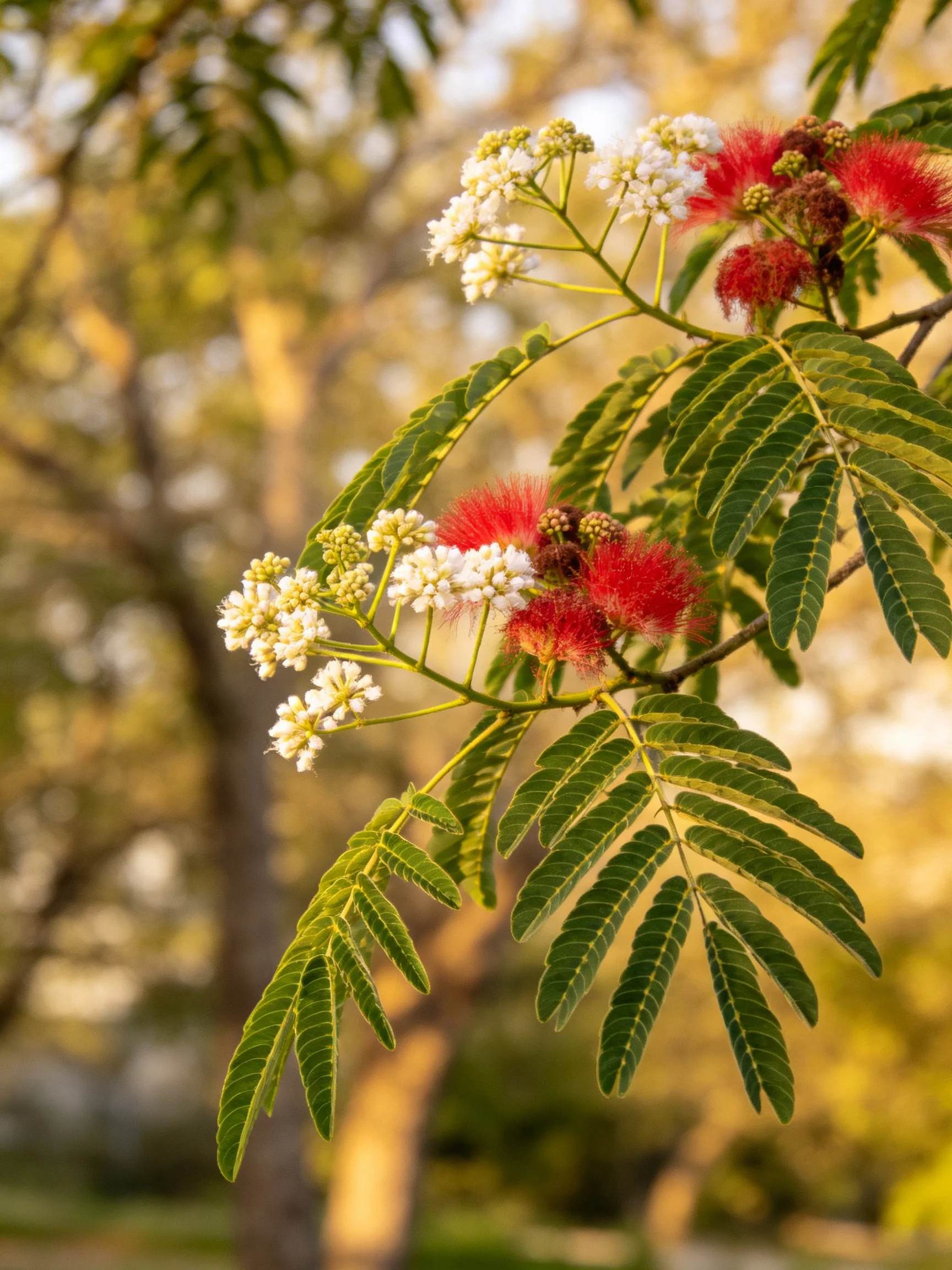 A branch of flowering tree with white and red blossoms