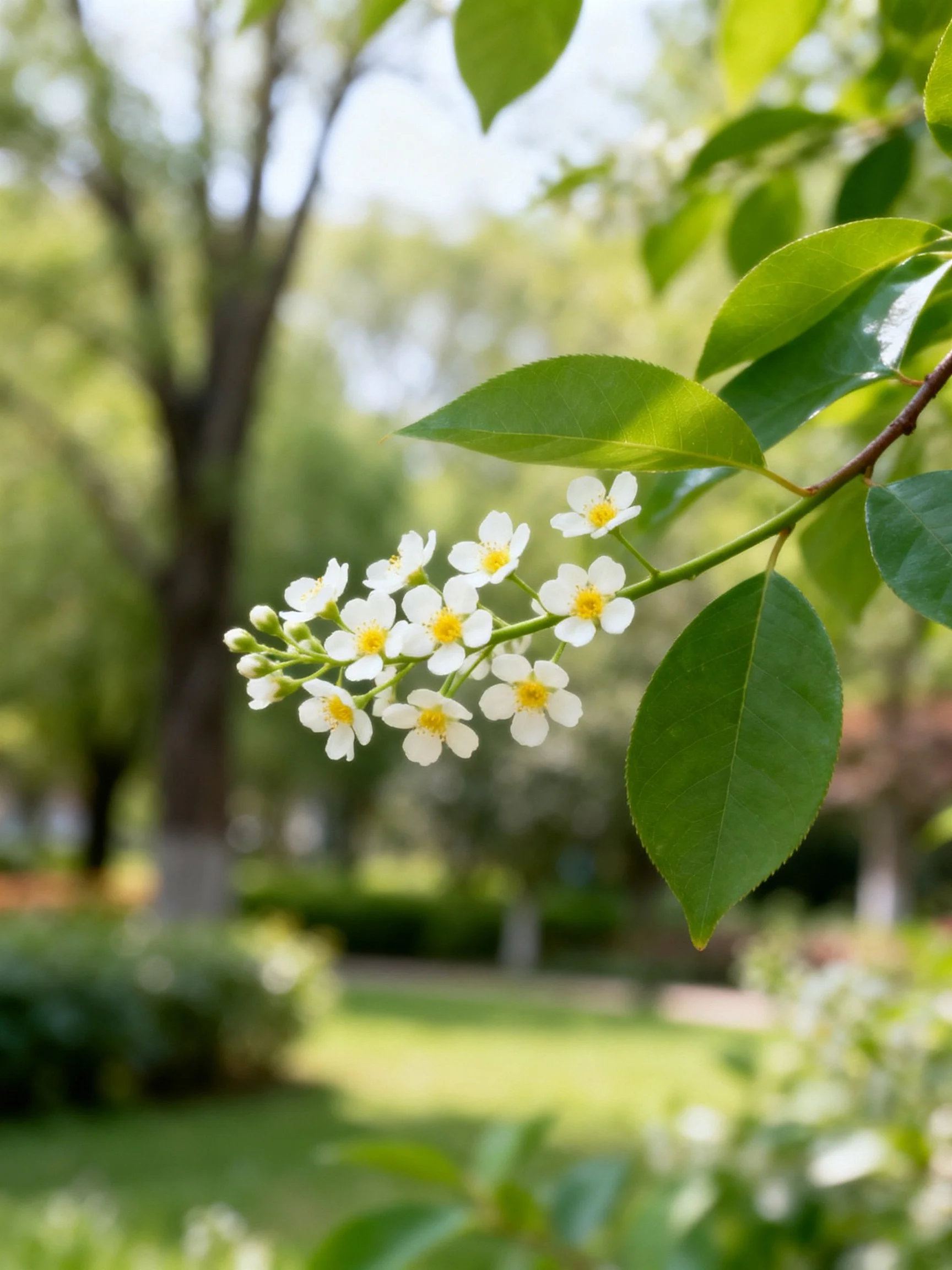 A branch with small white flowers and glossy green leaves in a sunlit park