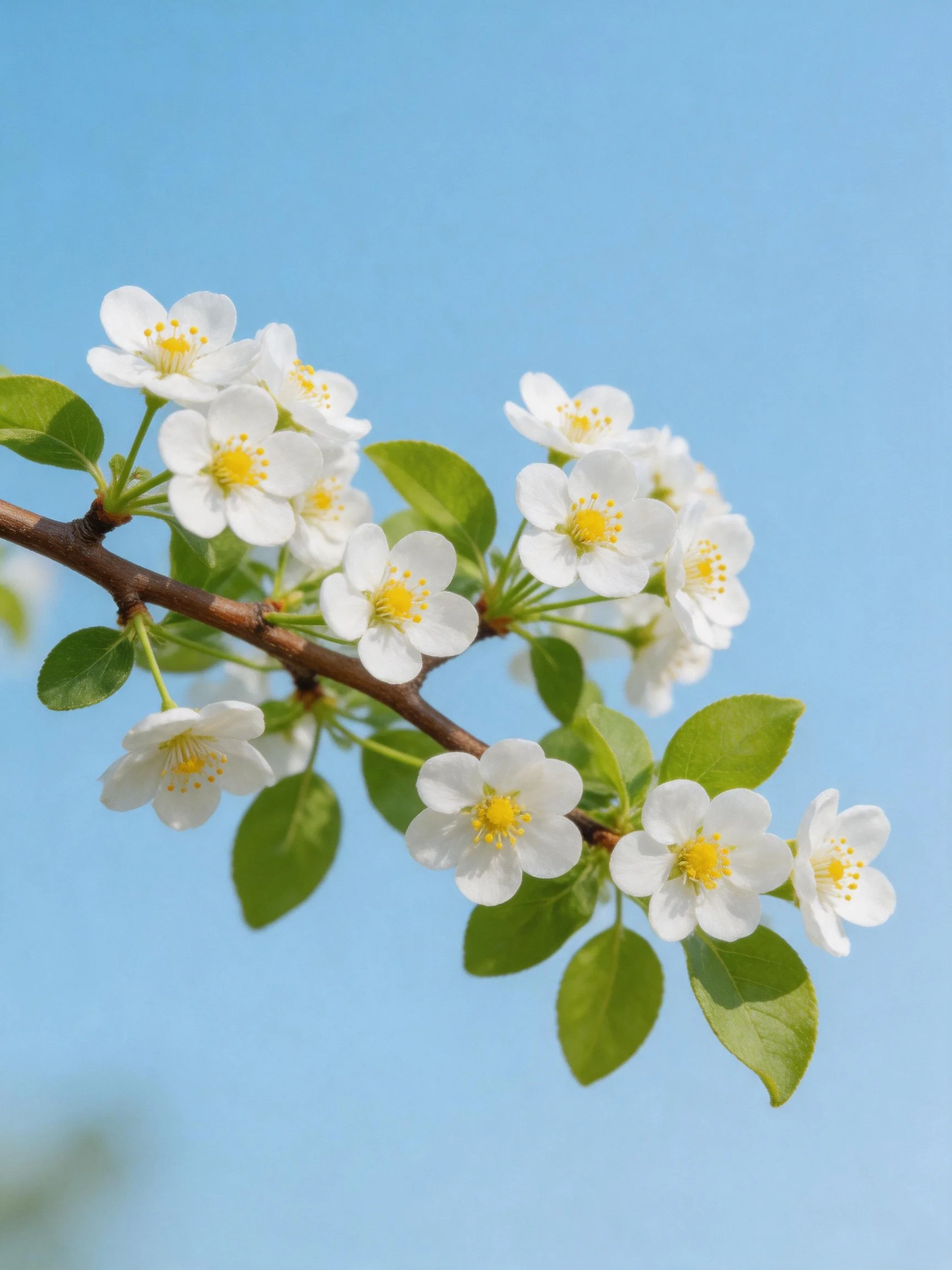 A branch with white blossoms and green leaves under a clear blue sky