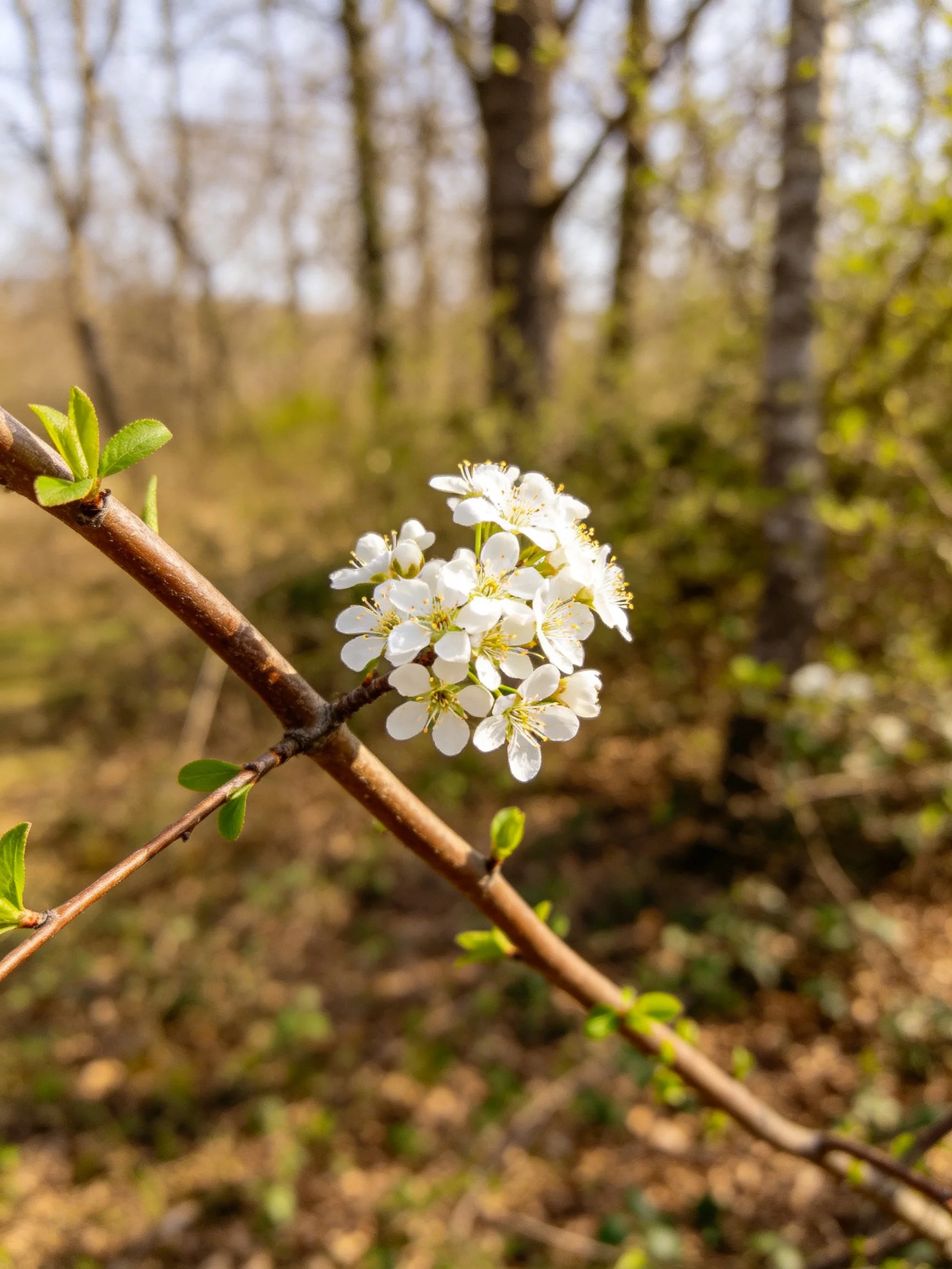 A branch with white clustered blossoms and green buds in a wooded area