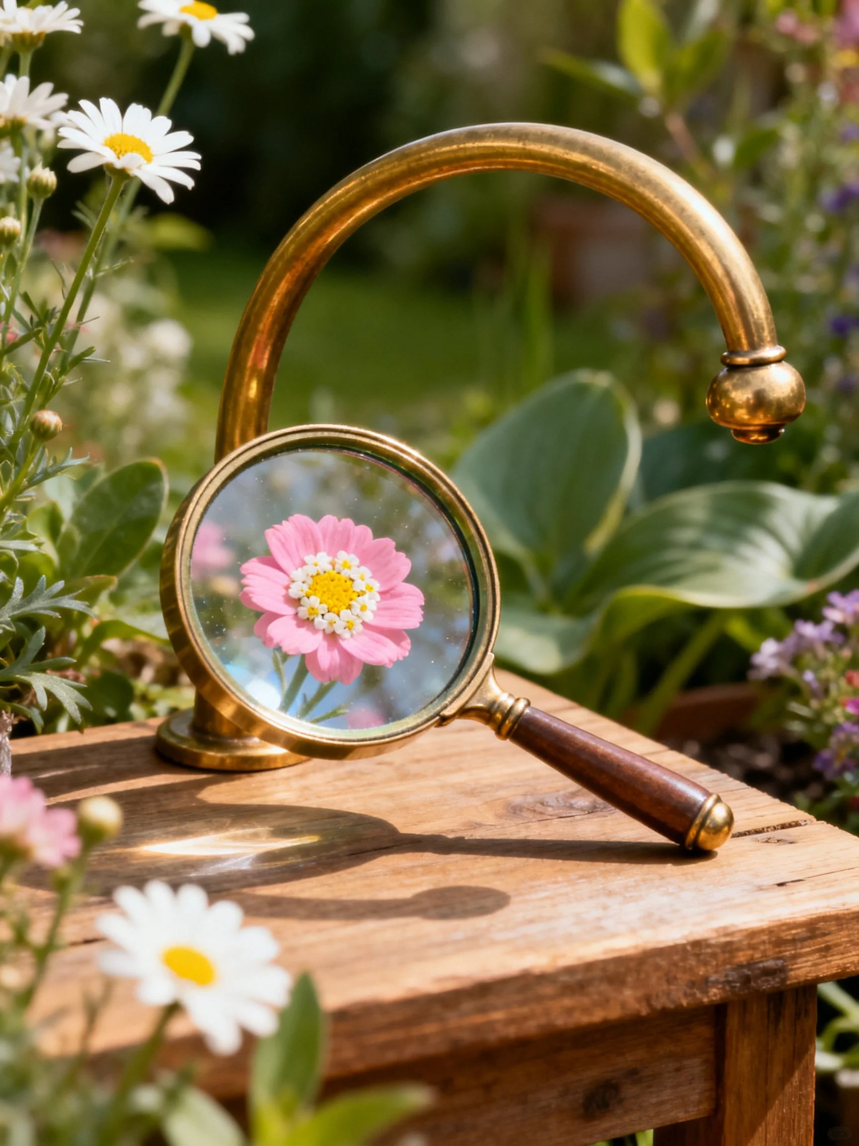 A brass magnifying glass focuses on a pink flower near white daisies