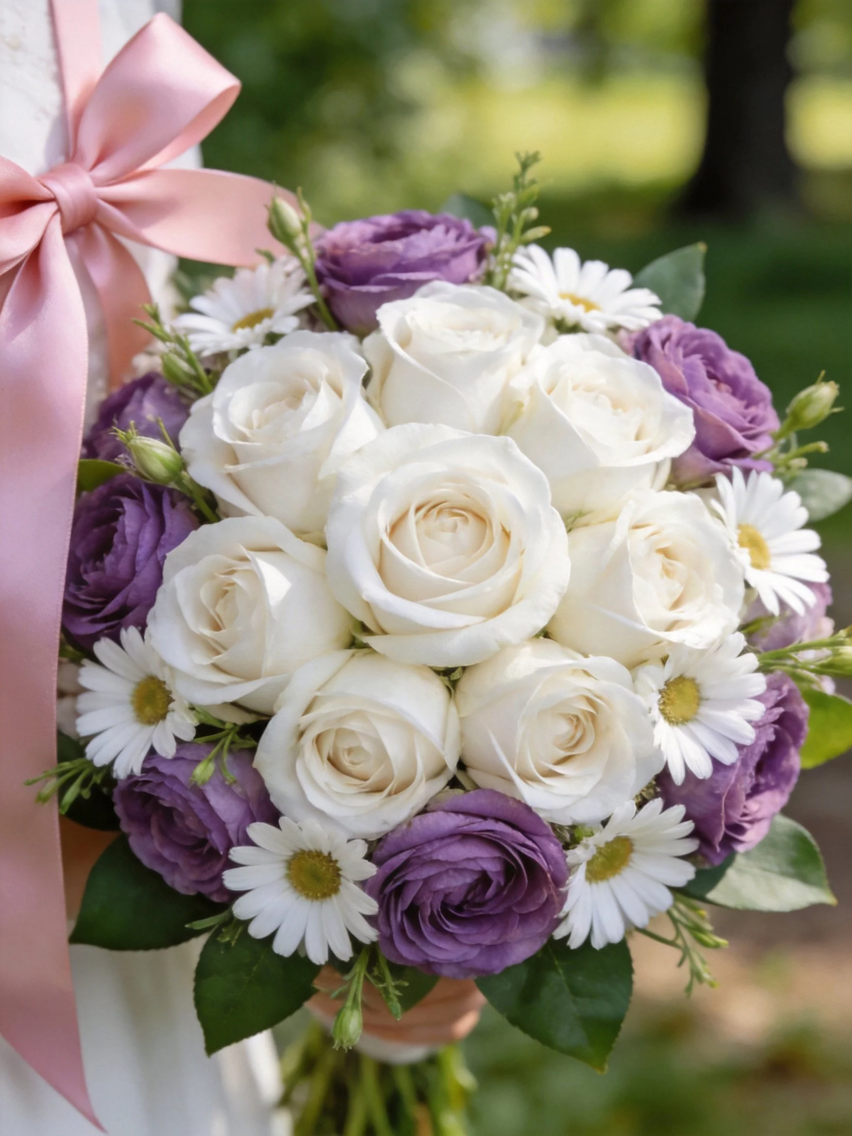 A bridal bouquet of white roses, purple blooms, and daisies with a pink ribbon