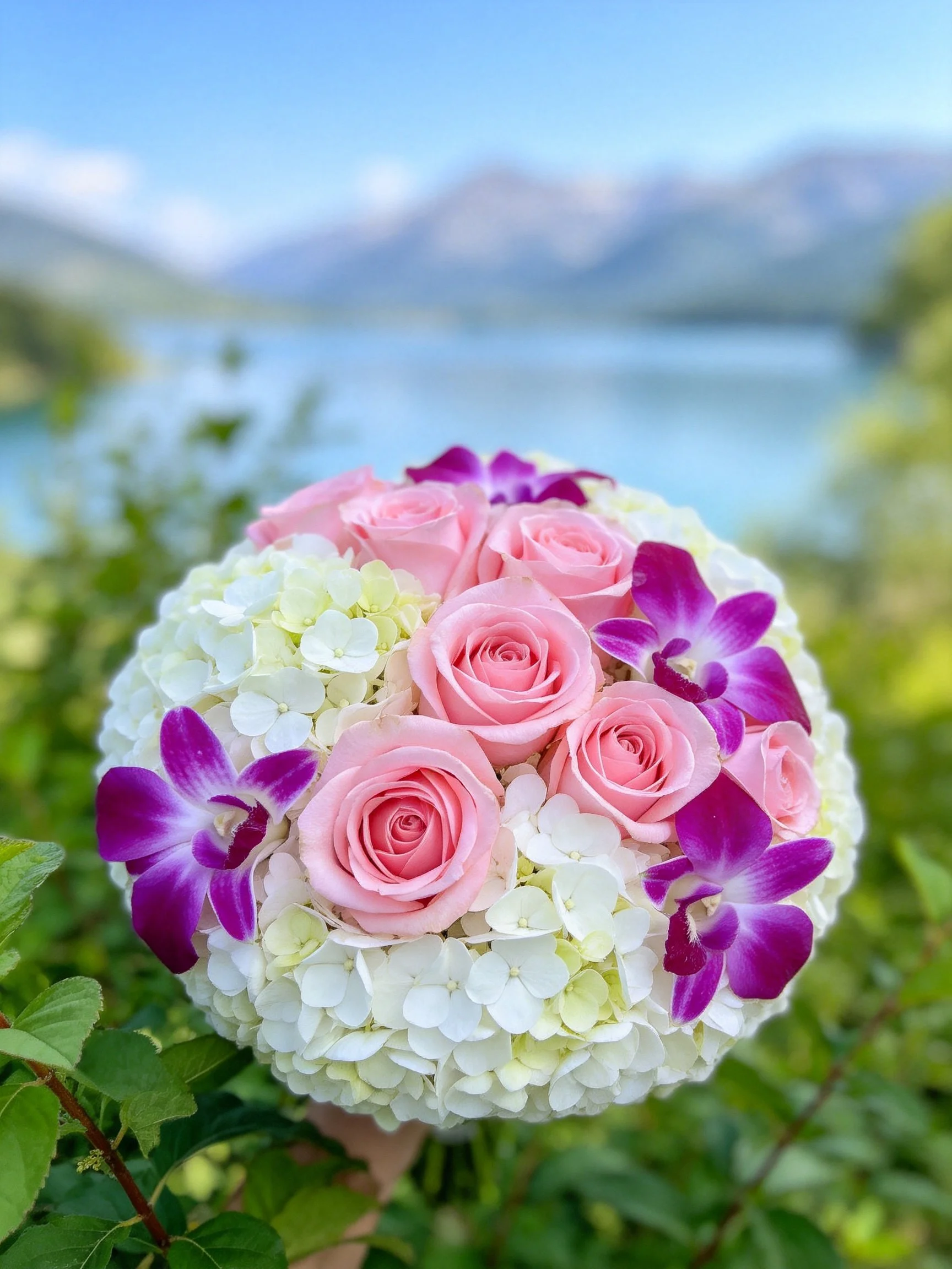 A bridal bouquet with pink roses, purple orchids, and white hydrangeas near a lake