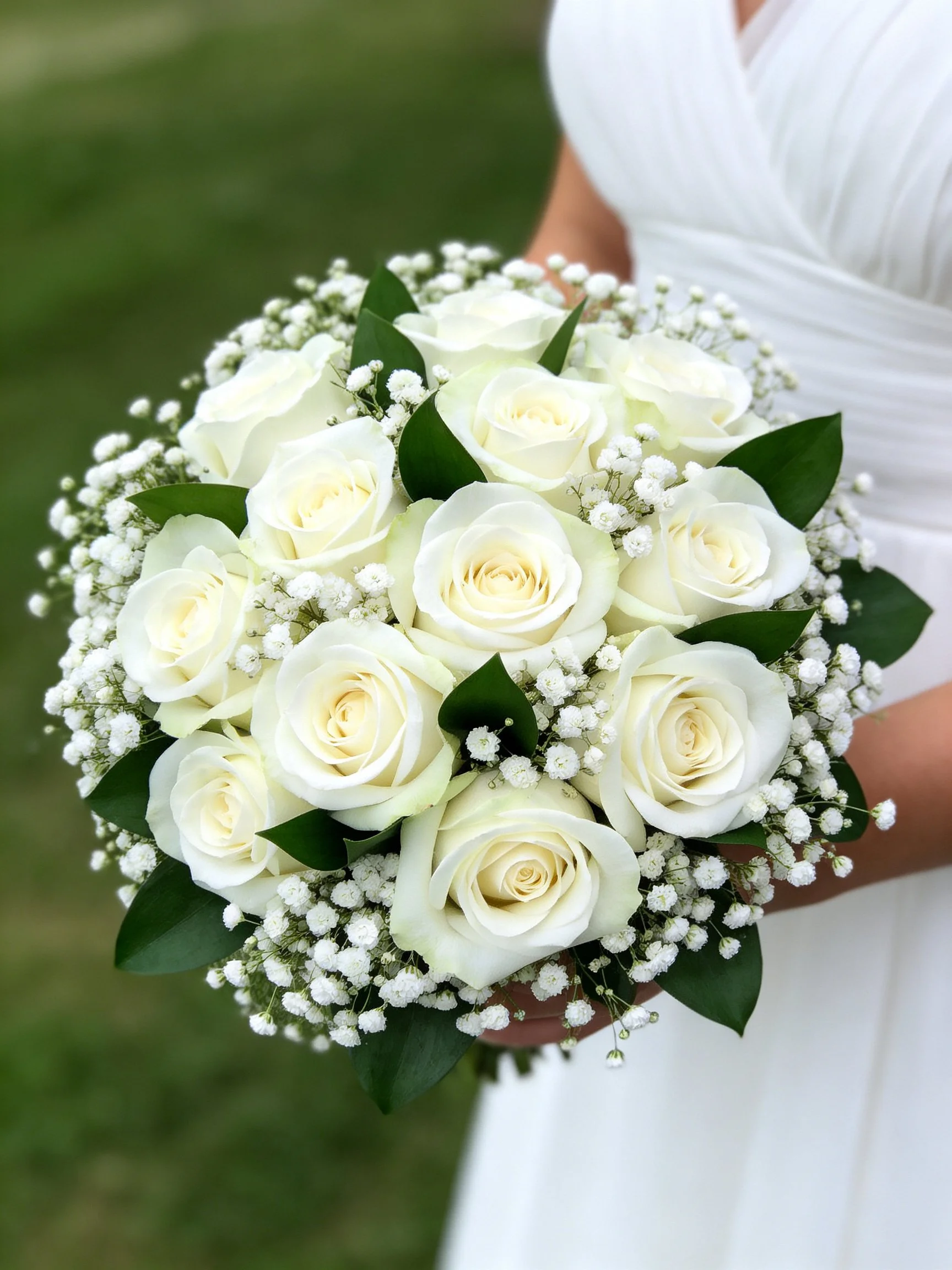 A bride holds a bouquet of white roses and baby’s breath