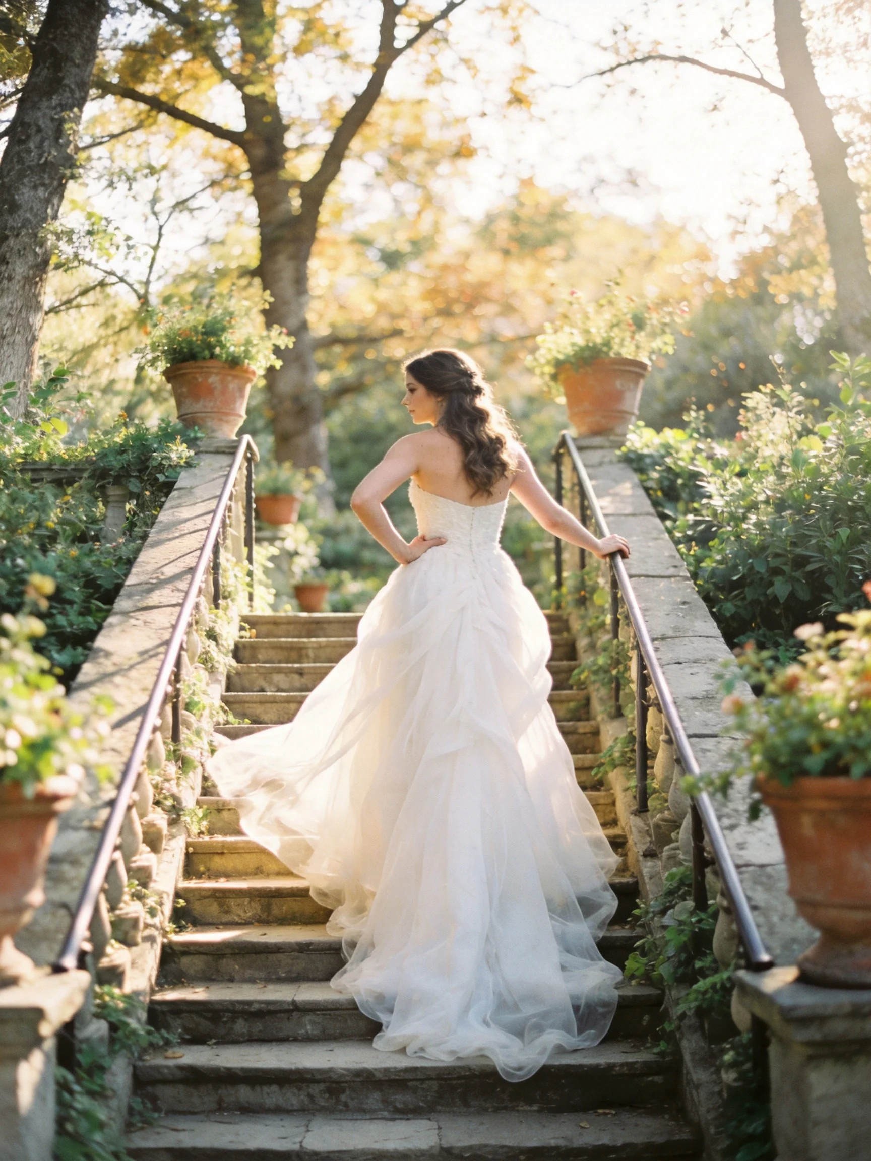 A bride in a strapless white gown ascending stone steps amid lush greenery