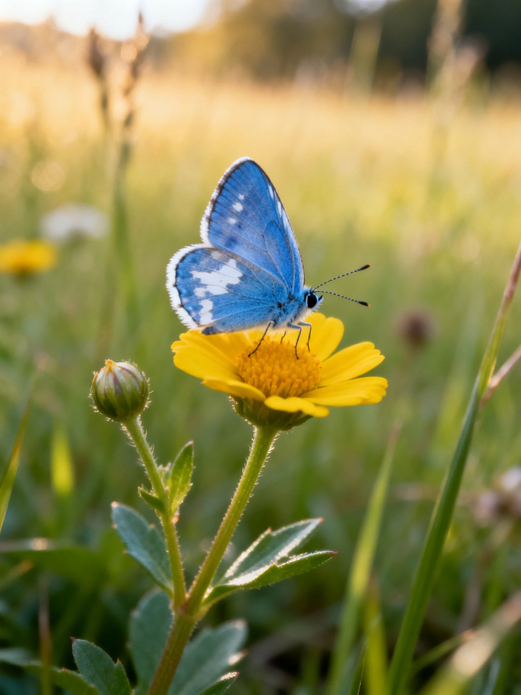 A bright blue butterfly perches on a vibrant yellow flower in a sunlit meadow.