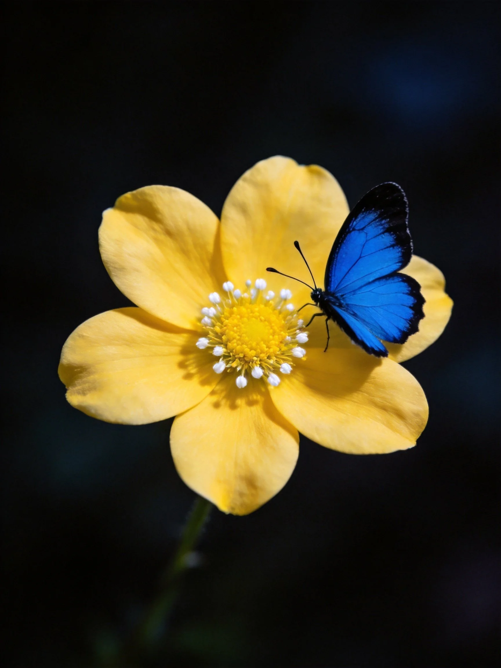 A bright blue butterfly perches on a vibrant yellow flower