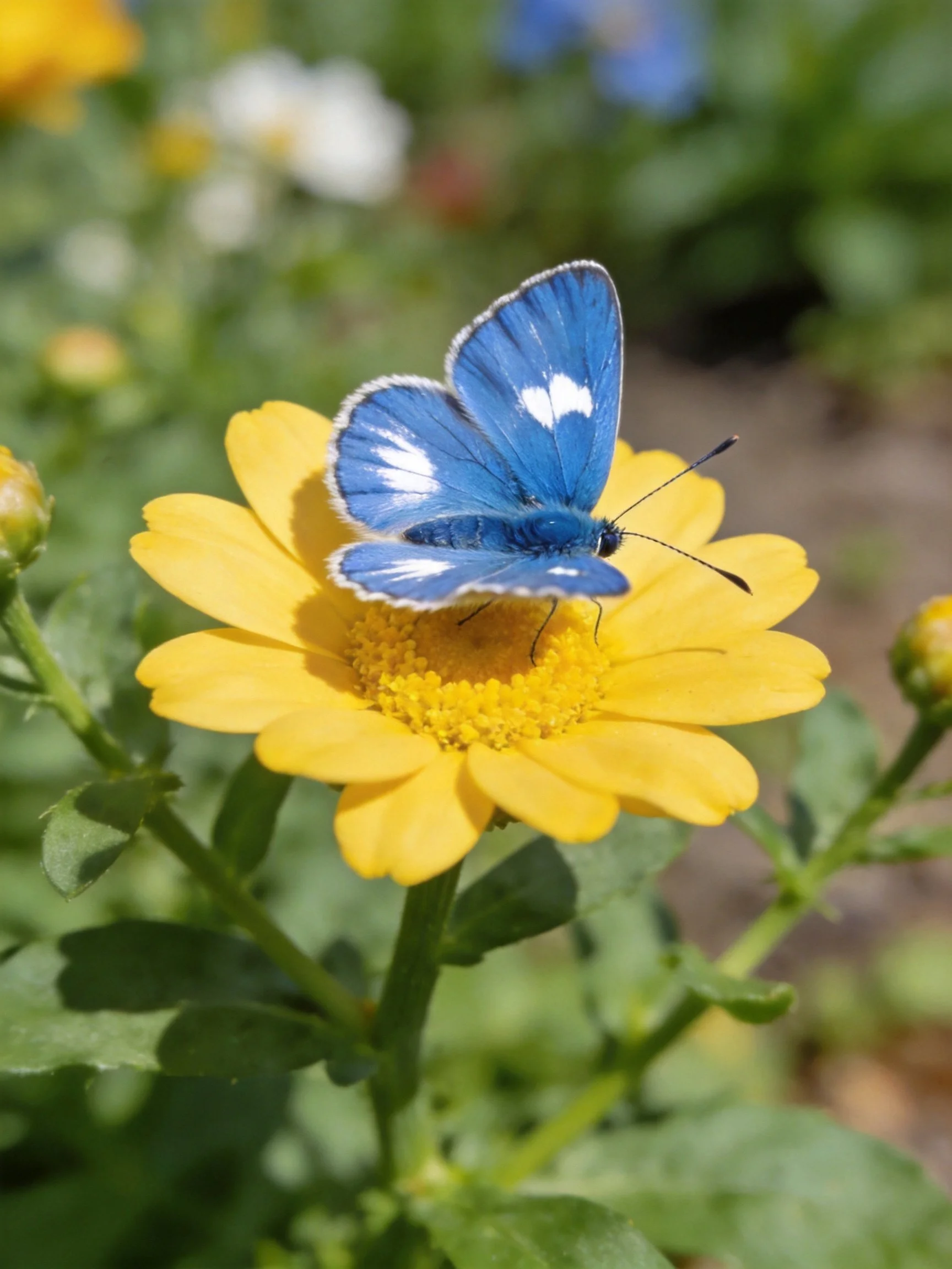 A bright blue butterfly rests on a large yellow flower amid green foliage