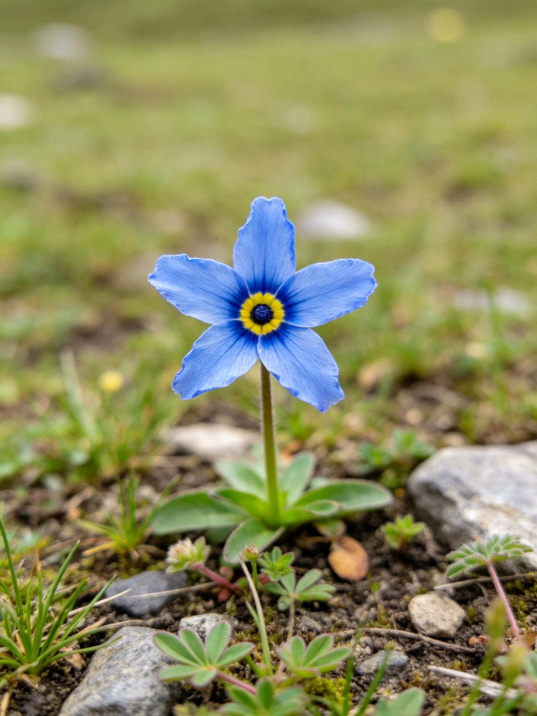A bright blue five - petaled flower grows near stones and small plants