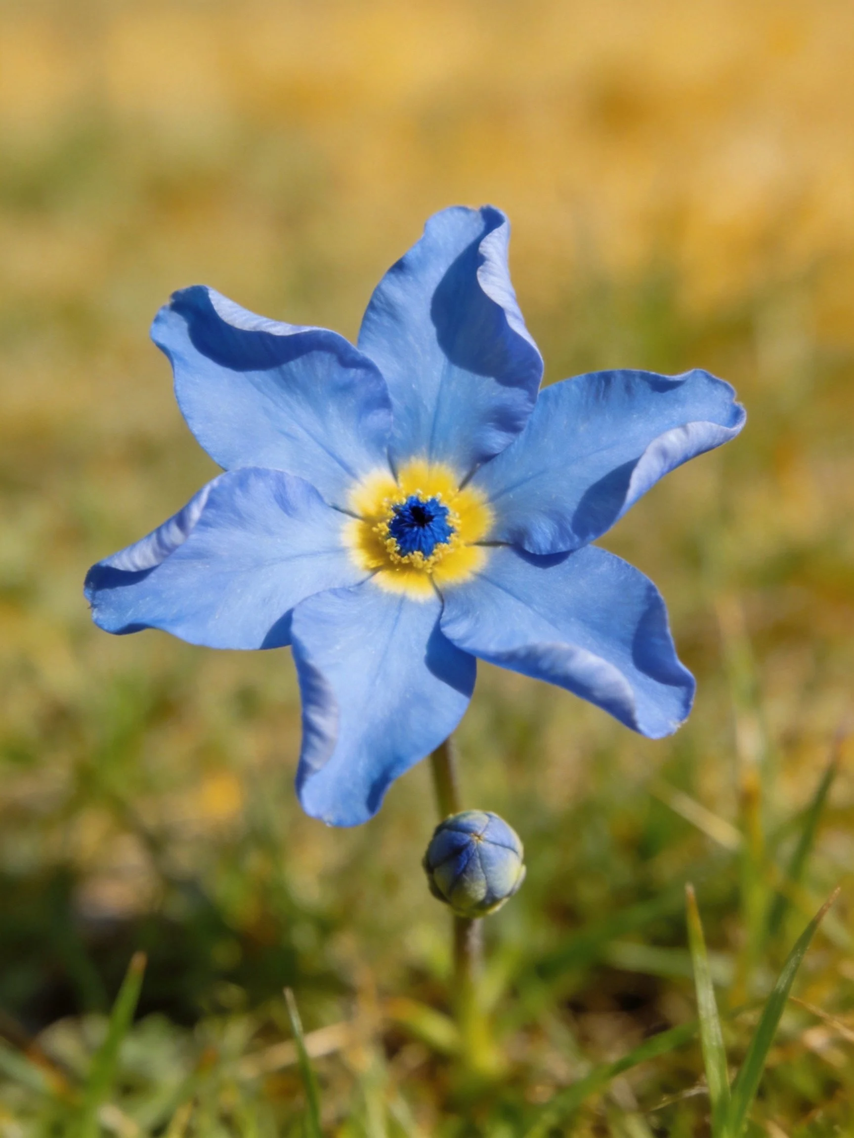 A bright blue five - petaled flower with a yellow center, accompanied by a bud, in a natural setting