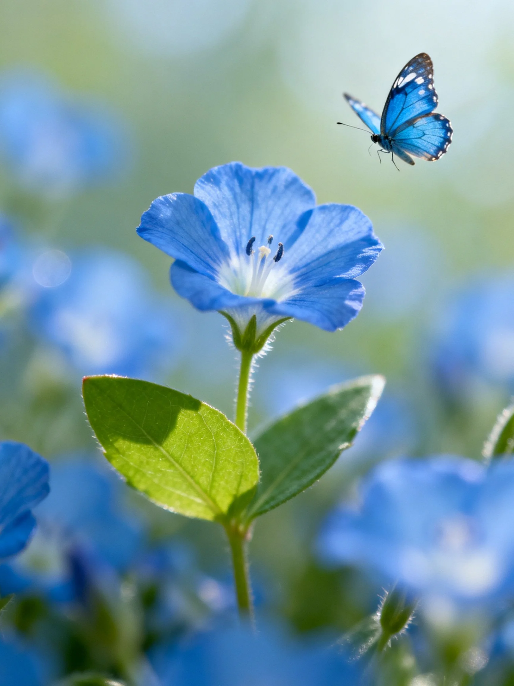 A bright blue flower with a blue butterfly in flight