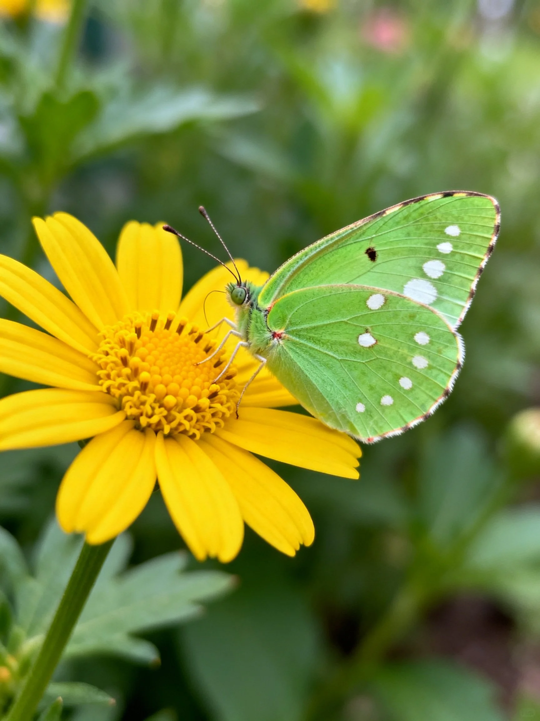 A bright green butterfly with white spots perched on a vibrant yellow flower
