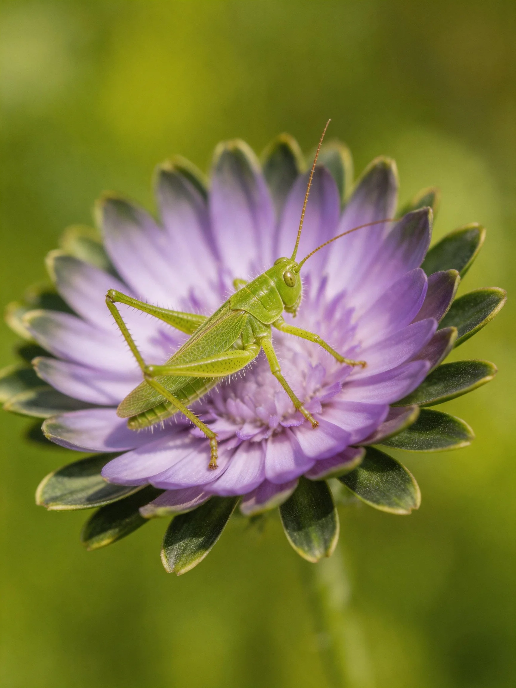 A bright green grasshopper perches on a vibrant purple flower