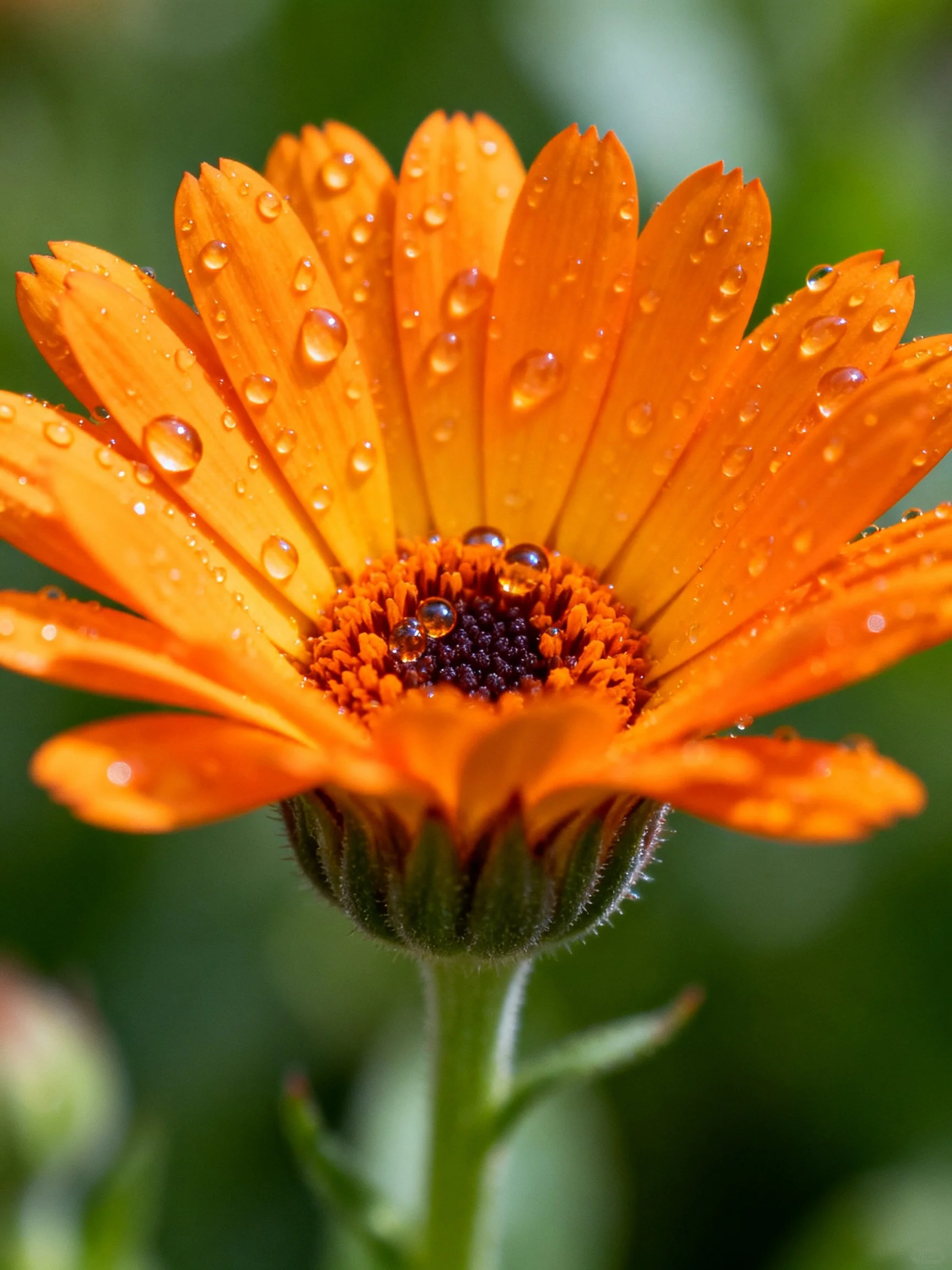 A bright orange flower adorned with water droplets