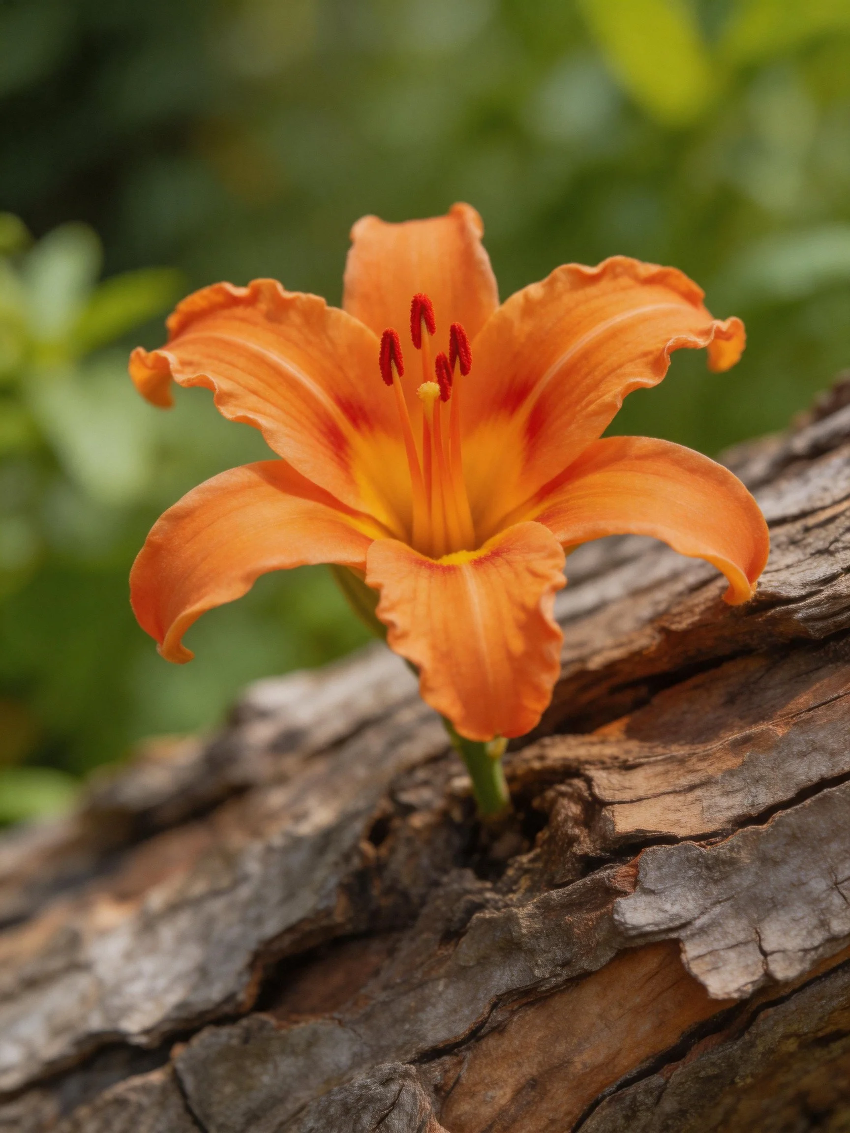 A bright orange flower grows from a textured tree trunk
