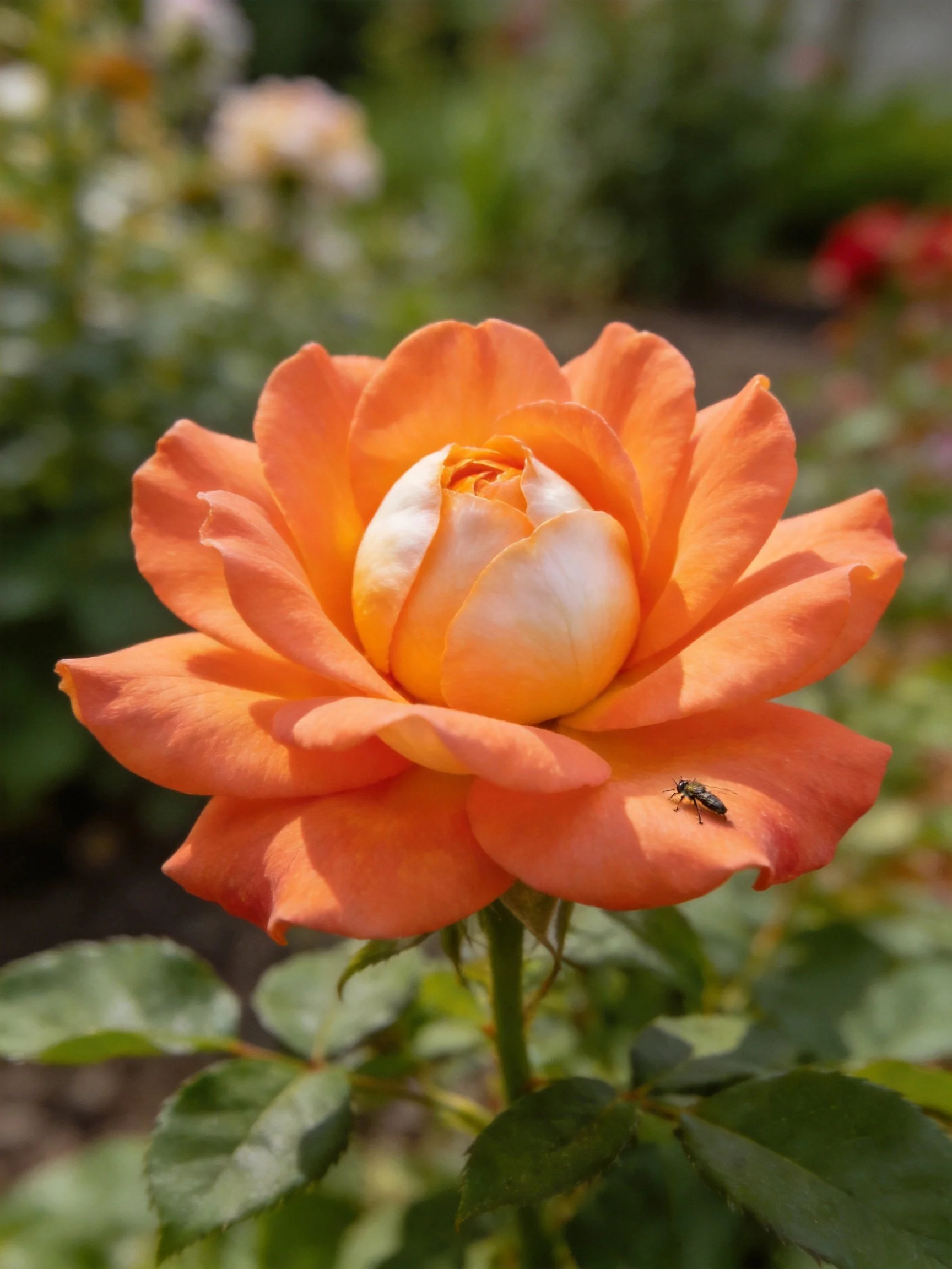 A bright orange rose with an insect on its petal